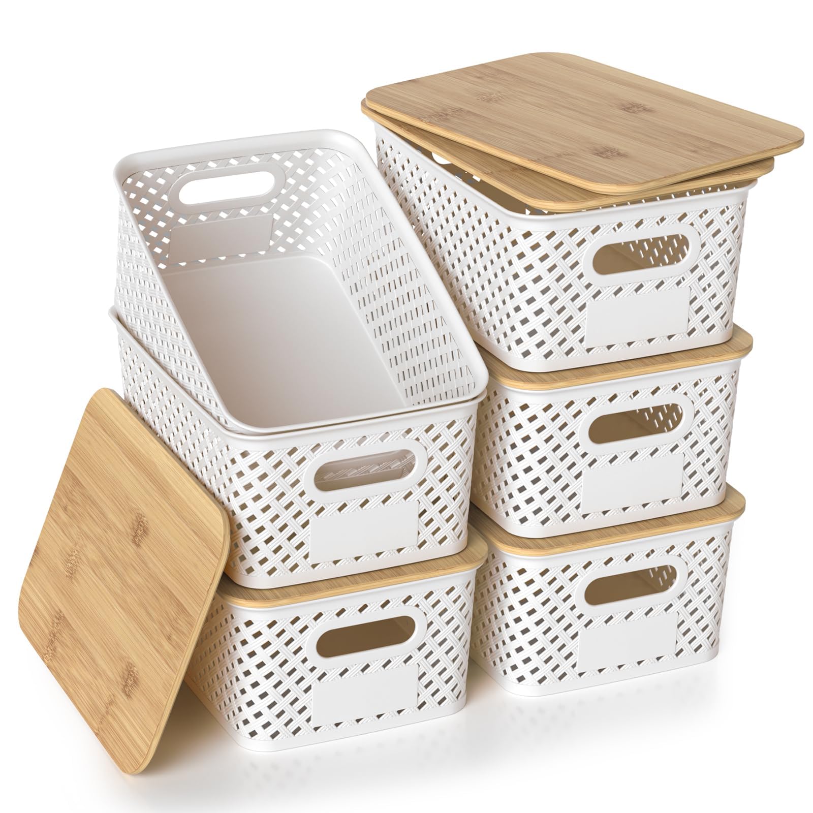 HapiLeap Plastic Storage Baskets With Bamboo Lid, Stackable Plastic Storage Boxes for Organizing Pantry Shelves Drawers Desktop Closet Playroom Classroom Office, 6 Pack (White) โ image 1
