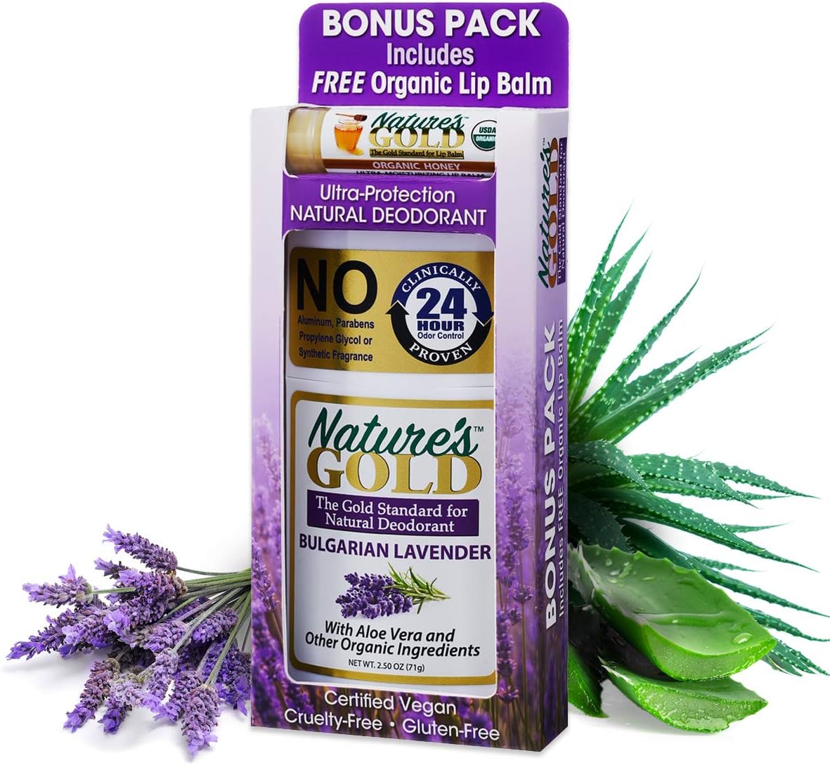 Natural Hypoallergenic Aluminum-Free Deodorant for Men & Women with Free Organic Lip Balm! Has Aloe Vera! Safe for Sensitive Skin. Won't Stain Clothes! Heavenly Bulgarian Lavender.