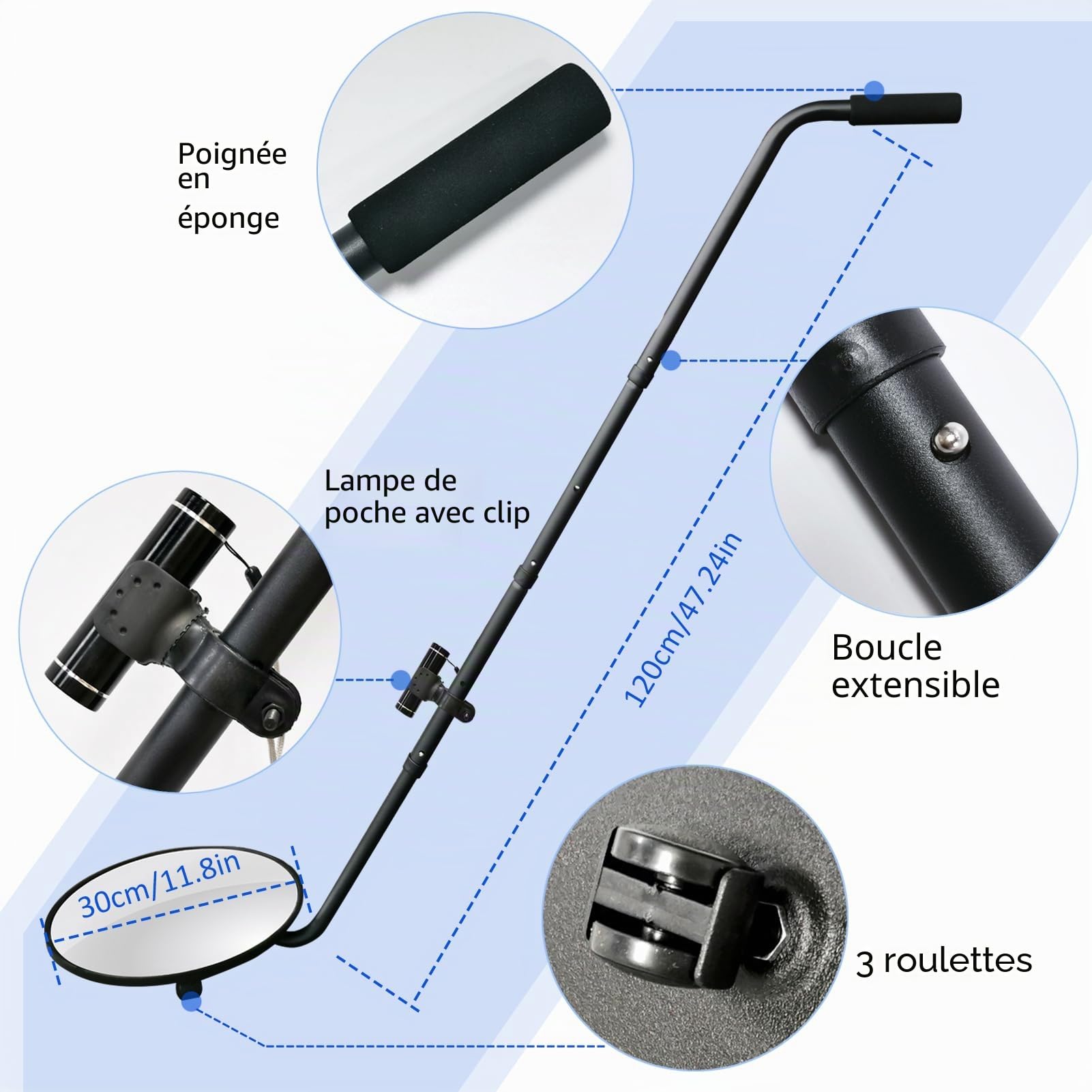 Miroir d'inspection sous véhicule – Miroir convexe de 30,5 cm avec roues et lumière LED pour contrôle de sécurité sous les voitures, camions et équipements.