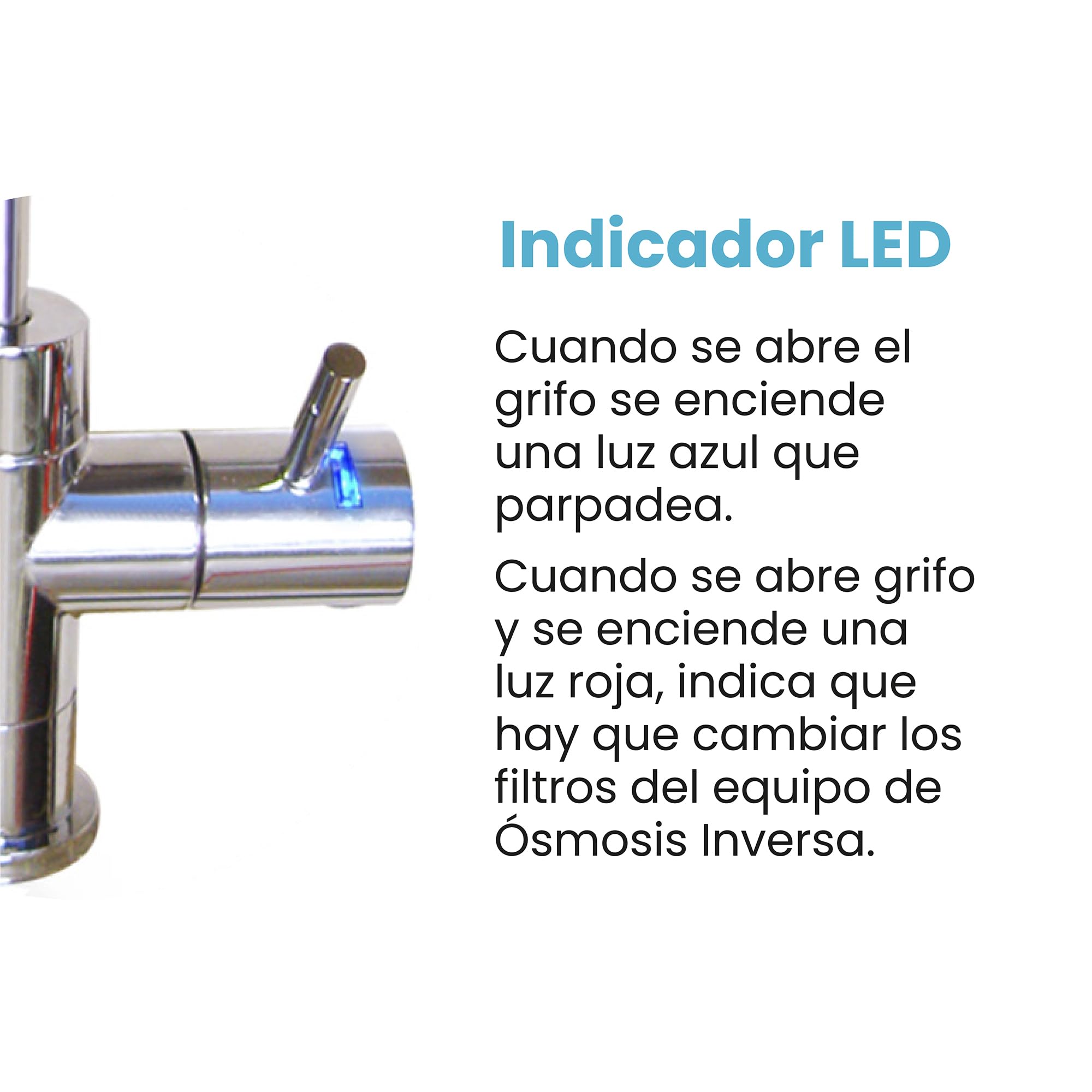 Grifo LED para equipo de osmosis inversa Bbagua: Innovador grifo con iluminación LED integrada, diseñado para sistemas de osmosis inversa. Disfruta de agua purificada con estilo. Bbagua