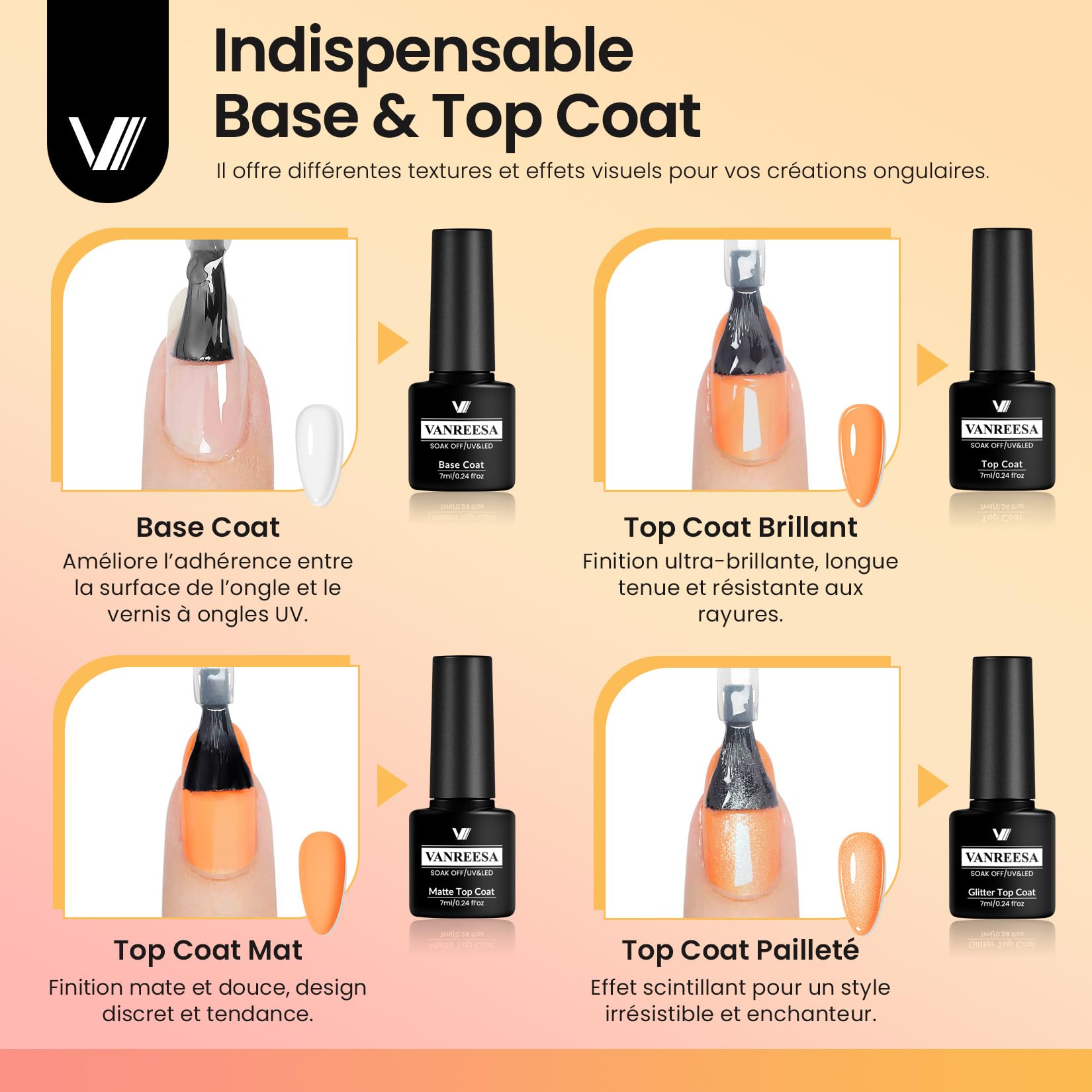 VANREESA Vernis Semi Permanent, 20 Couleurs Noir Rouge Blanc Rose Jaune Bleu Vernis Gel UV Semi Permanent avec Base Top Mat Coat Pailleté, Kit Manucure Cadeau pour Débutants