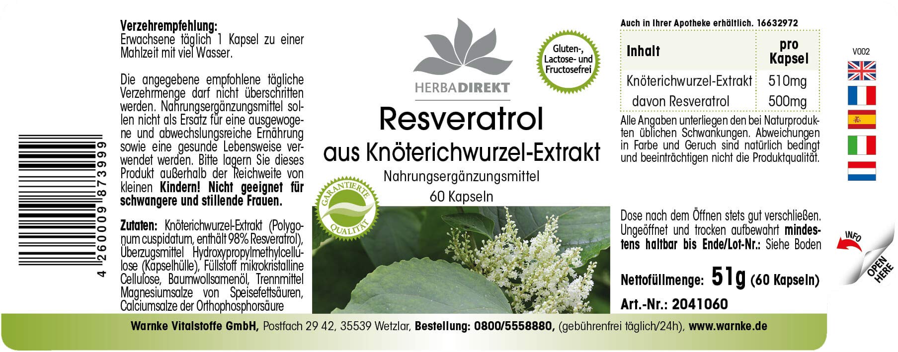 Resvératrol 500mg - extrait de la racine renouée du Japon - polygonum cuspidatum - Extrait - 60 capsules | Herba Direkt - Qualité des pharmacies allemandes