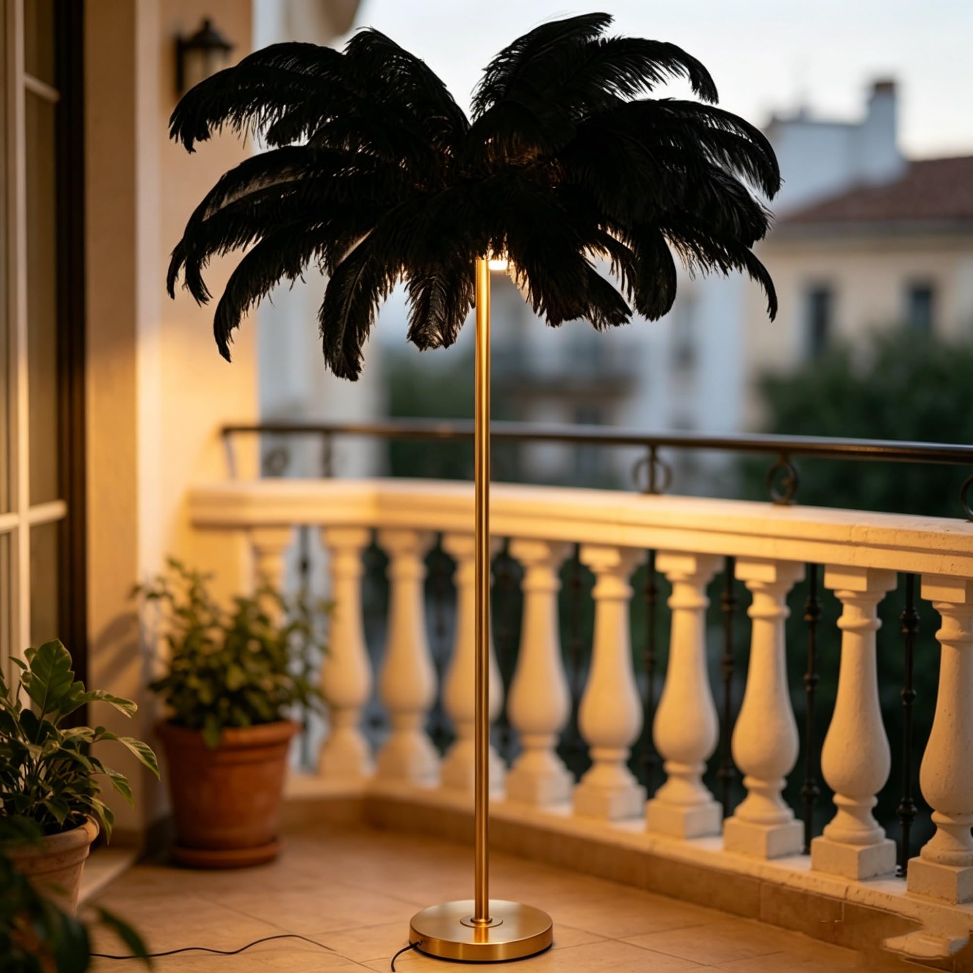 Ambient Decor Ostrich Feather Floor Standing Lamp, Fluffy Shade Lighting for Bedroom Living Space in Black White Selectable Shades(Black)