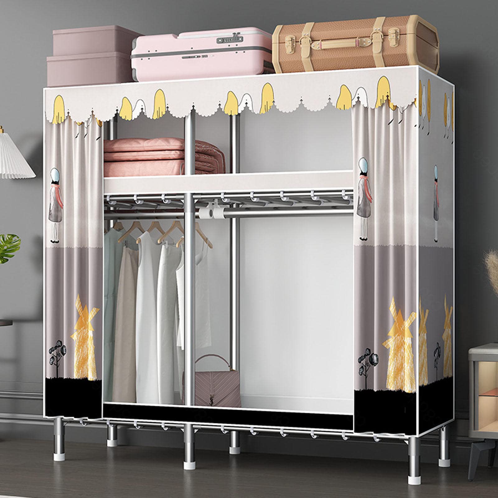 Tragbarer Kleiderschrank, Aufbewahrungsorganisator für Kleiderschränke, Stoffgarderobe mit Kleiderstange, Regalen, faltbarer Schrank für Kleidung, Taschen,B-143x45x169cm