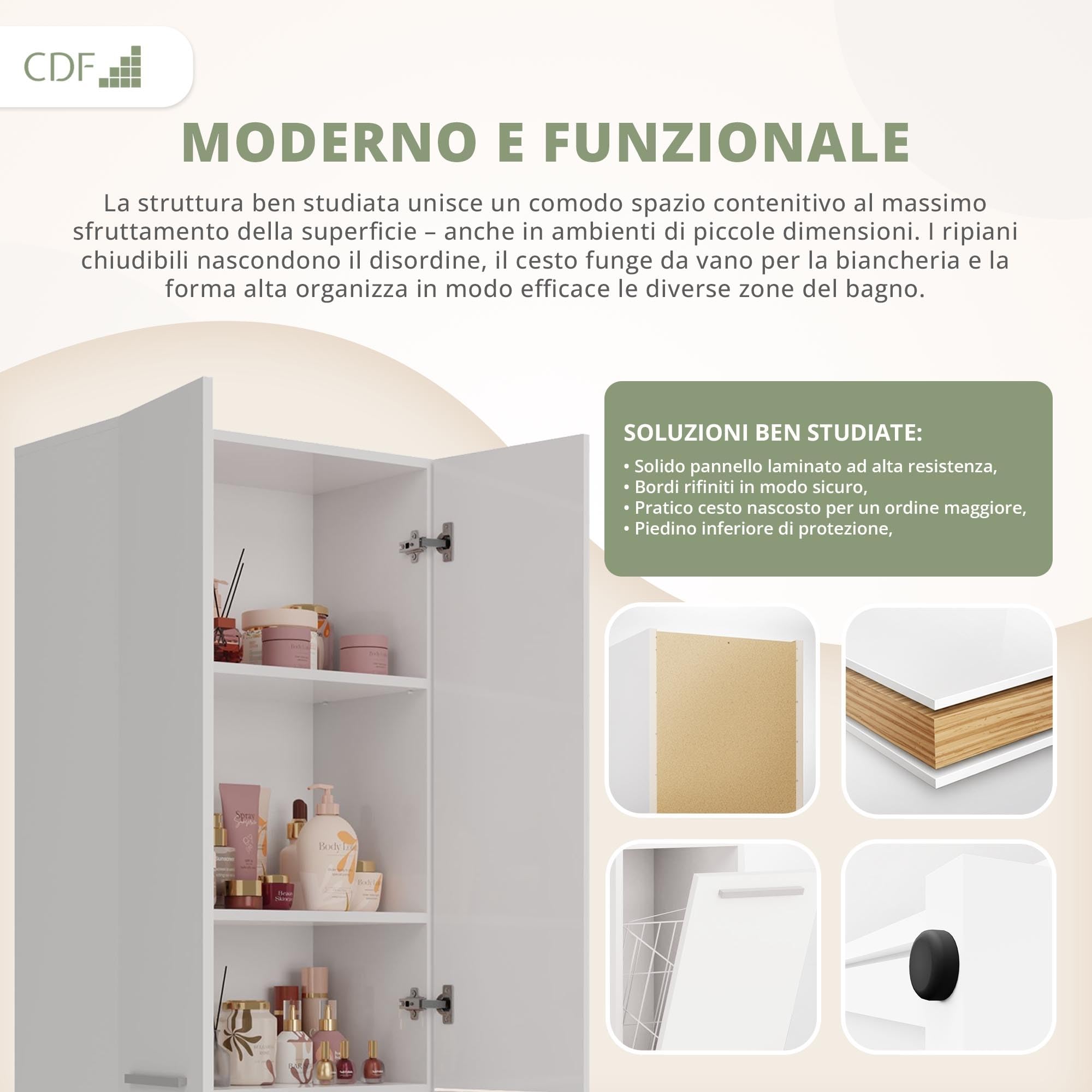 CDF Mobile da Bagno con Armadietti e Ante Bianco Colonna Bagno Salvaspazio 1 Cesto per la Biancheria Mobile Alto a Colonna Cesto Portabiancheria Armadio Bagno 174 x 60 x 30