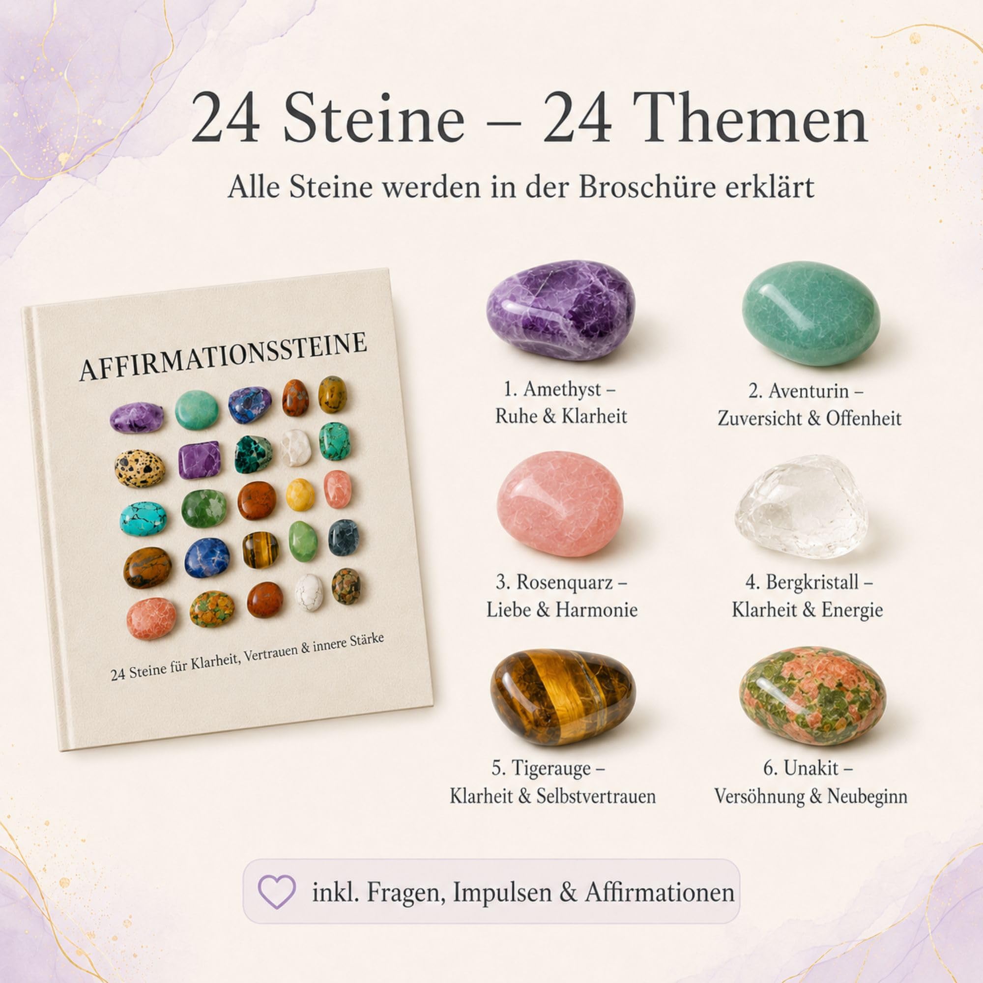 Milaboo Affirmationssteine Set – 24 Edelsteine mit Bedeutung & Karten – Geschenkset im Jutebeutel – Achtsamkeit, Motivation, innere Stärke – Geschenk für unterschiedliche Anlässe (24er Set 1)