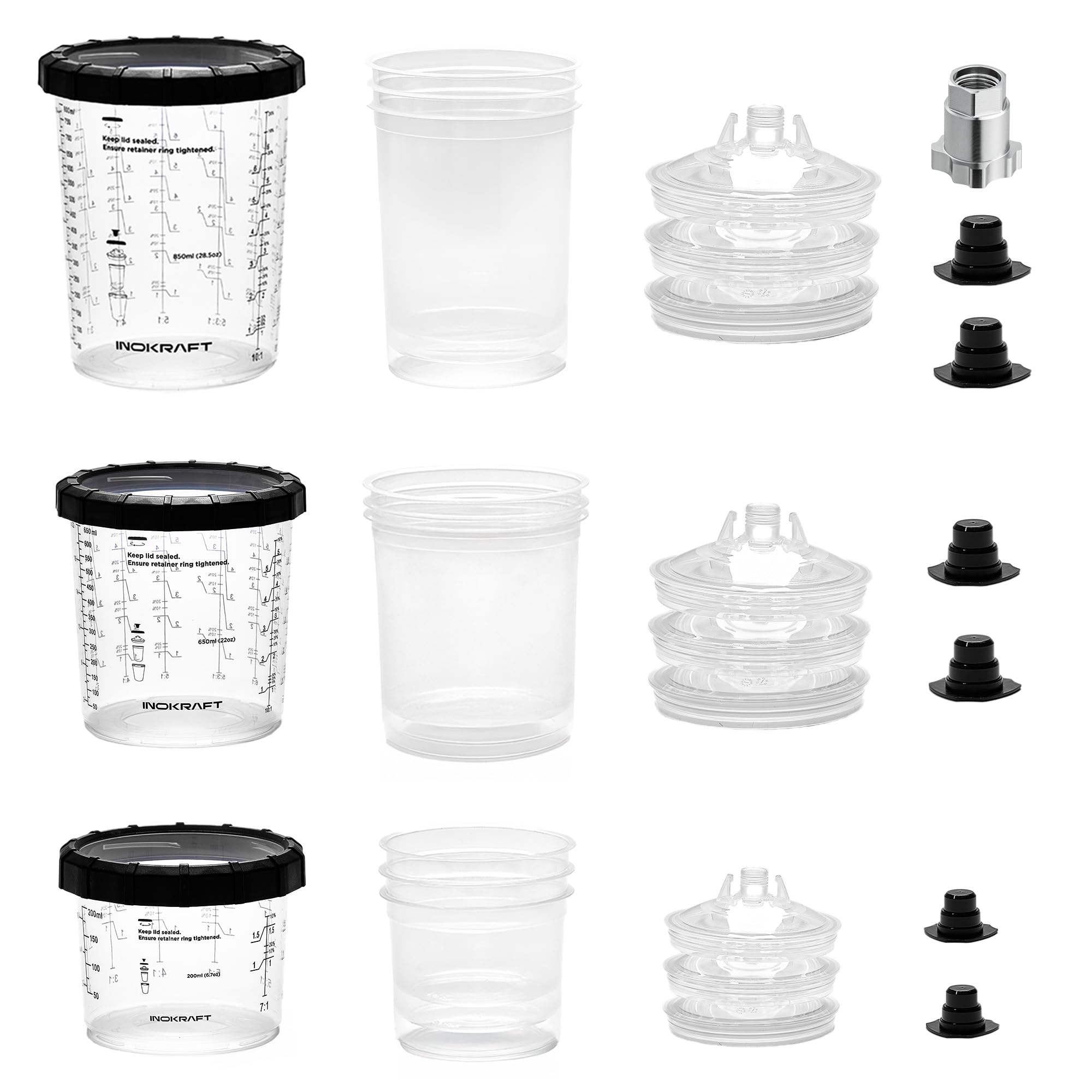 InoKraft Taza para Pistola de Pintura Desechable, 3 Tamaños de Taza de 177 ml, 650 ml, 828 ml Juego de Paquete Variado, 3 Forros y Coladores de Tapa de Cada Tamaño, 3 Vasos Rígidos, Sistema de Pintura