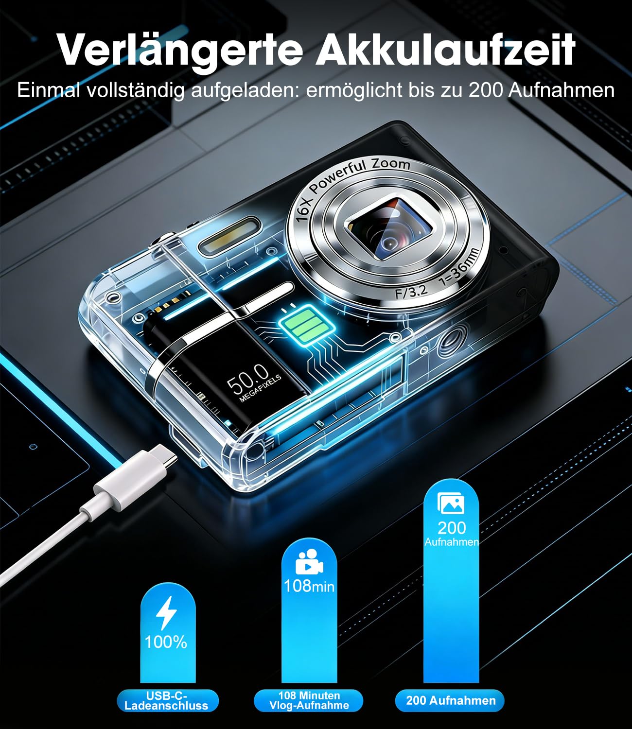 1080P Digitalkamera Autofokus 50MP Vlogging Kamera Anti-Shake 16X Zoom Compact Point and Shoot für Erwachsene Anfänger