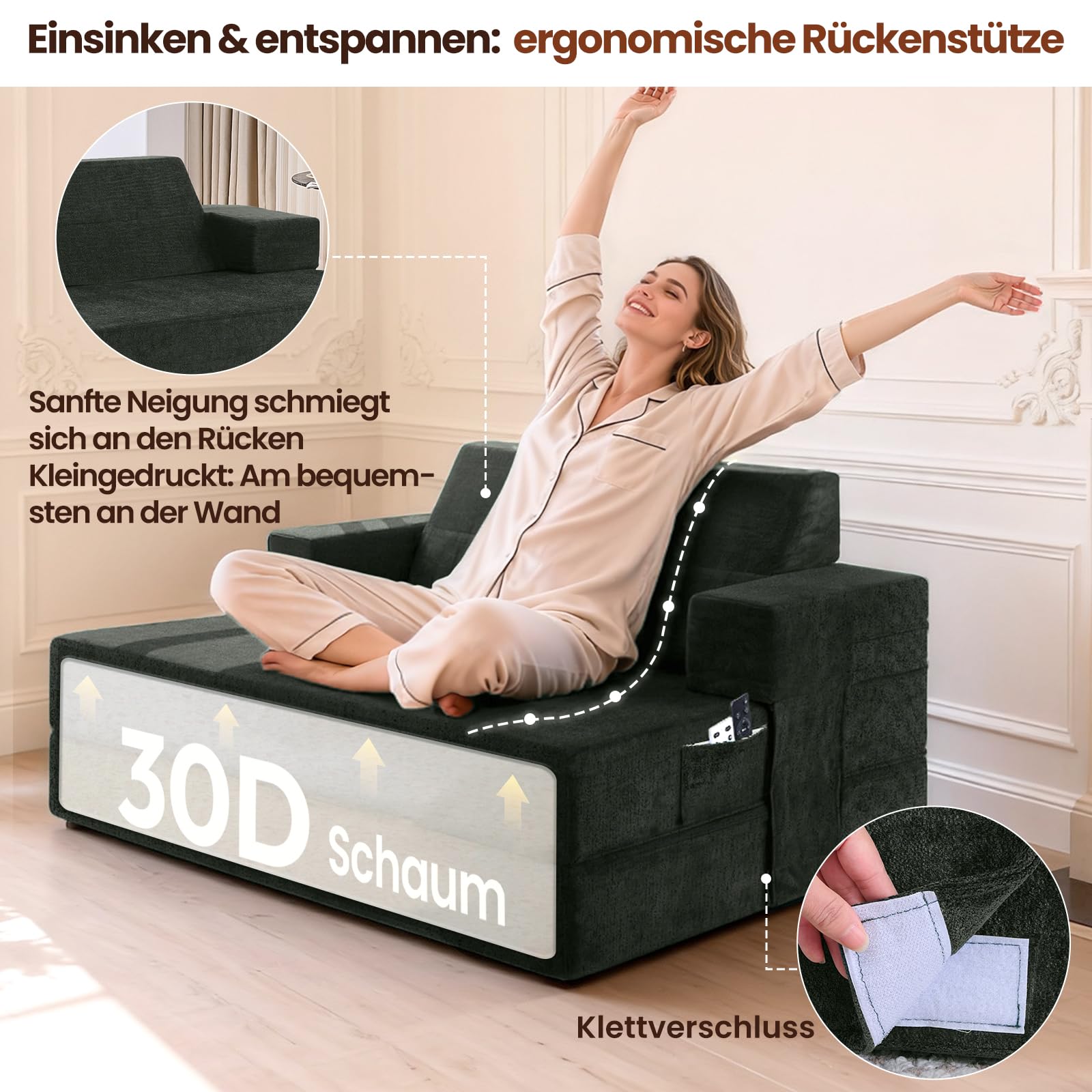 4-in-1 Schlafsofa 100 x 200 cm – Schlafsessel mit Bettfunktion, klappbares Bettsofa, Faltbare Schlafcouch mit schrägen Rückenkissen & separatem Kissen, waschbarer Bezug, Grau
