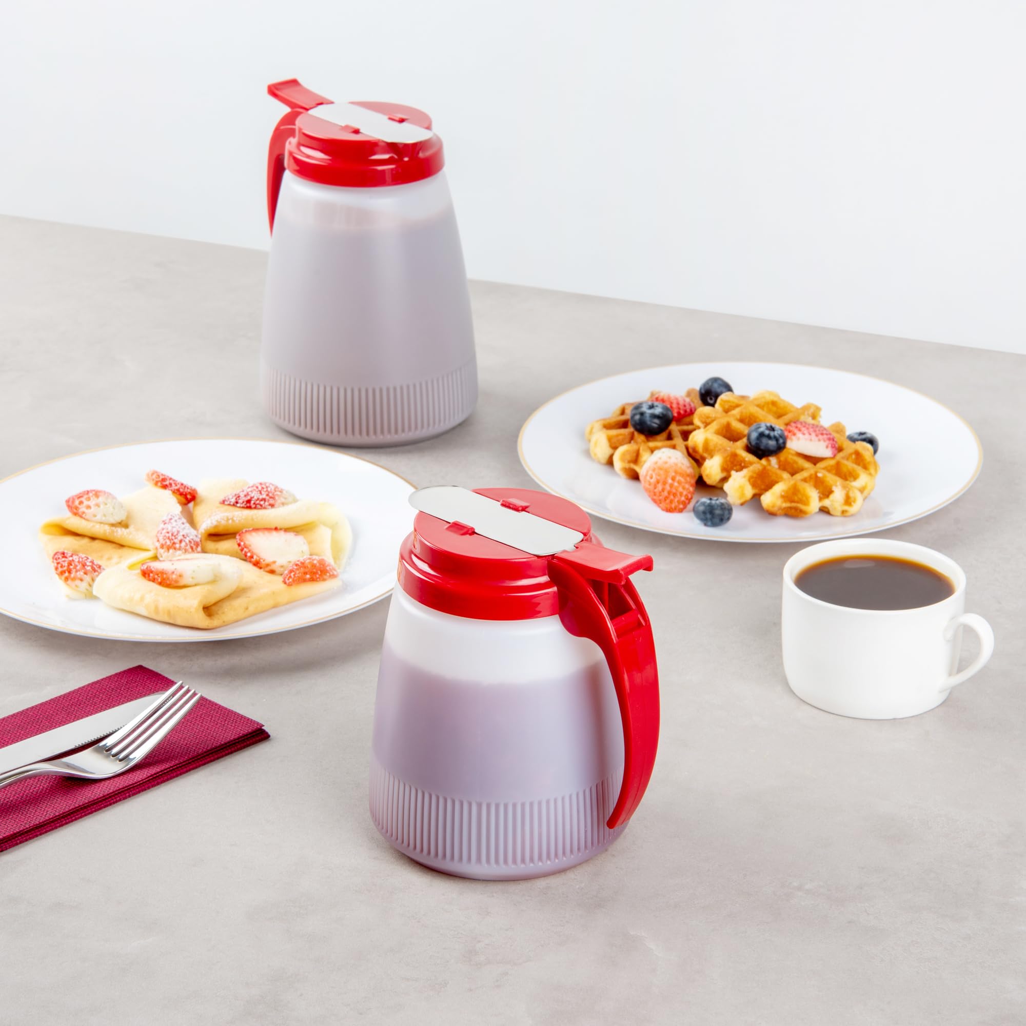 Restaurantware RW Base - Dispensador de jarabe multiusos de 32 onzas, 1 dispensador de miel, parte superior roja, cubierta deslizante de acero inoxidable, dispensador de jarabe de panqueques de