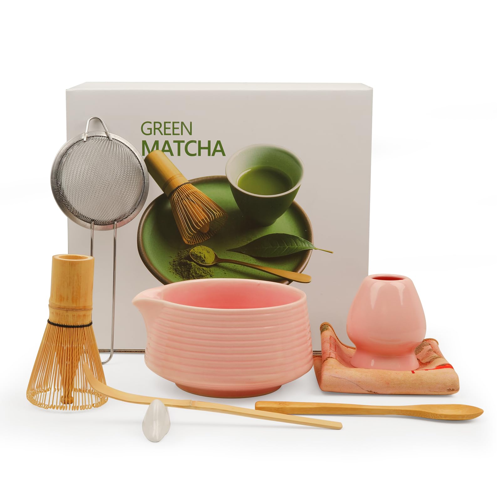 Matcha Tea Set for Japanese Ceremony: GEEKHOM 8Pcs Complete Matcha Making Kit with Bamboo Whisk, Ceramic Bowl, Scoop & Holder - for Beginners Lovers Traditional Ceremonies, Breakfast Latte