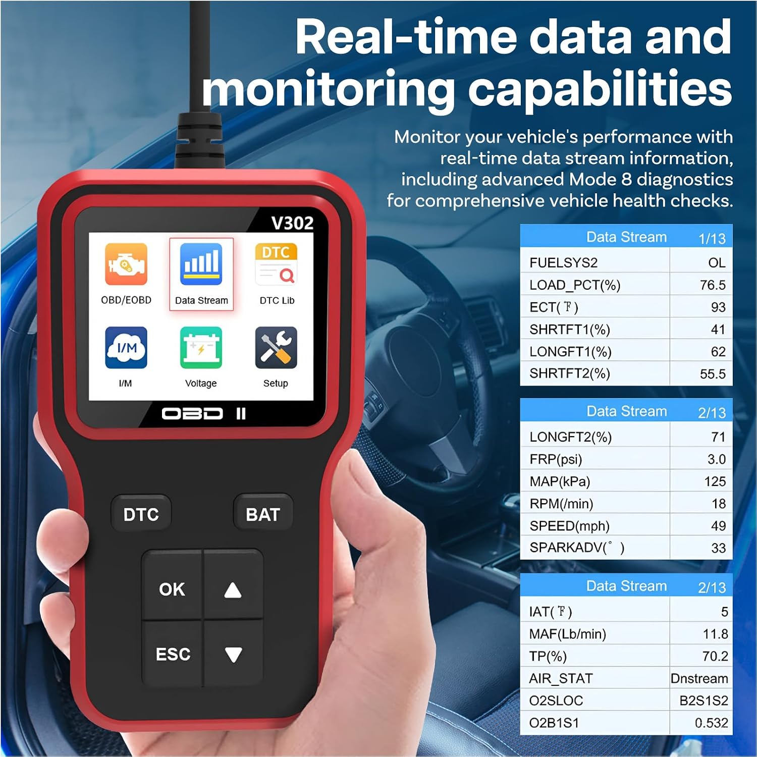 Scanner displaying real-time engine data stream
