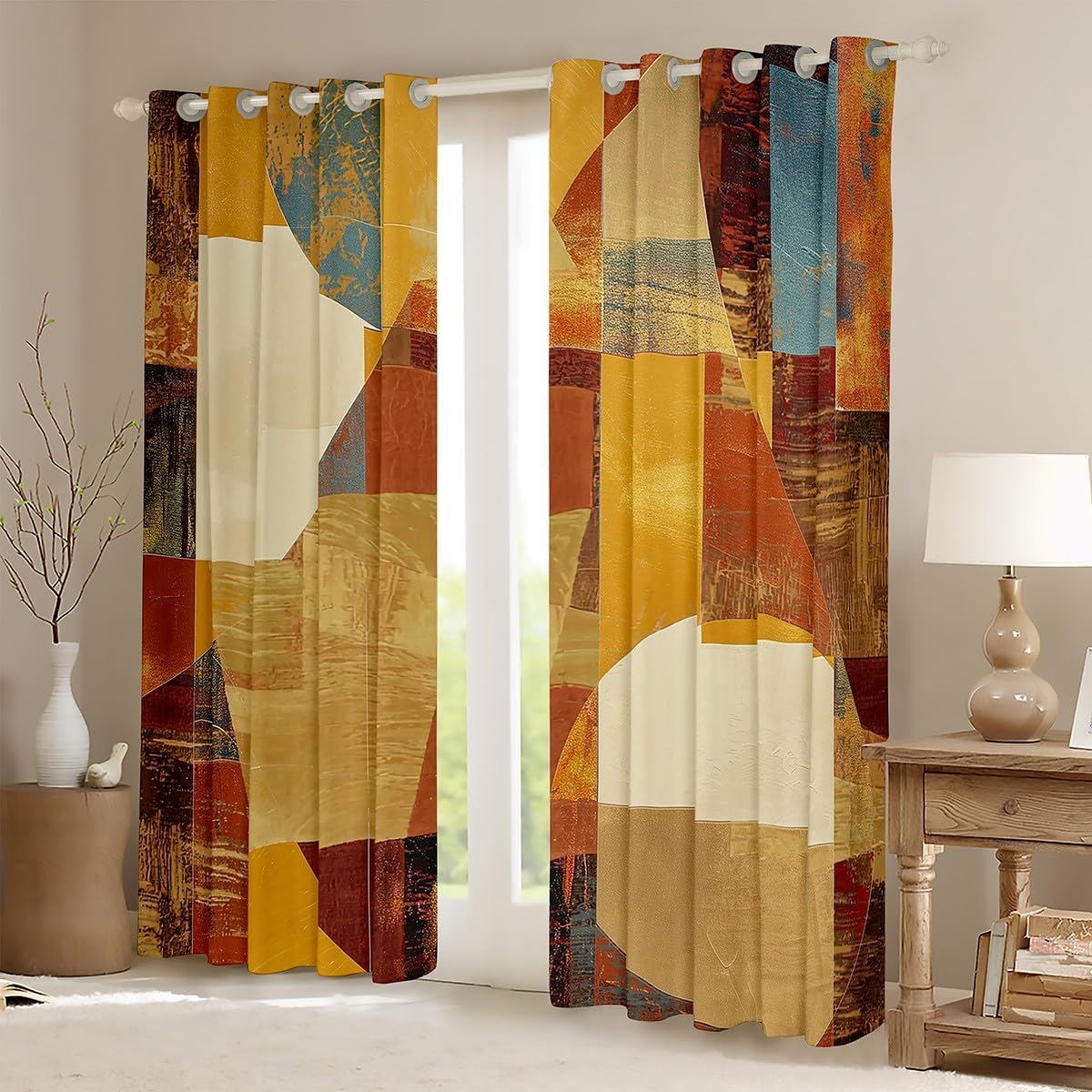 Feelyou Orange Red and Yellow Curtains for Bedroom Living Room (2 Panels, 52 x 63 Inch) Geometric Abstract Blackout Curtains Modern Luxury Darkening Drapes Artwork Window Treatments