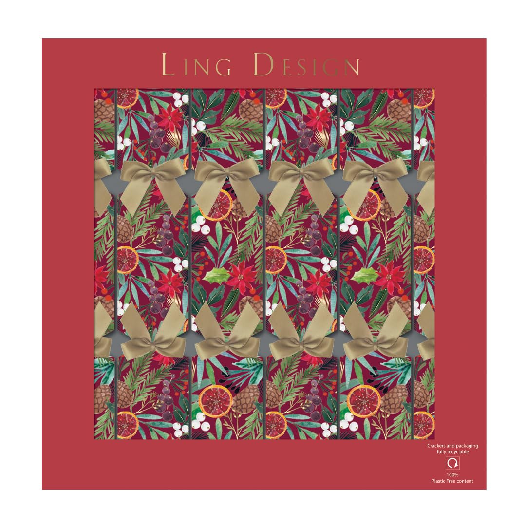 Penny Kennedy Red Ling Design Christmas Crackers - Evergreen Festive Foliage And Fruits Design - Tray Of 6 X 13 Inch - Eco Friendly Plastic Inside - Luxury Deluxe Christmas Crackers