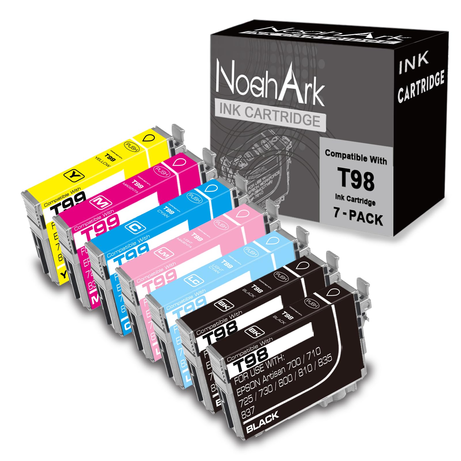 Photo 1 of NoahArk 7 Packs T098 T099 Remanufactured Ink Cartridge Replacement for Epson 98 99 for Artisan 700 710 725 730 800 810 835 837 Printer (2 Black,1 Cyan,1 Magenta,1 Yellow,1 Light Cyan,1 Light Magenta)