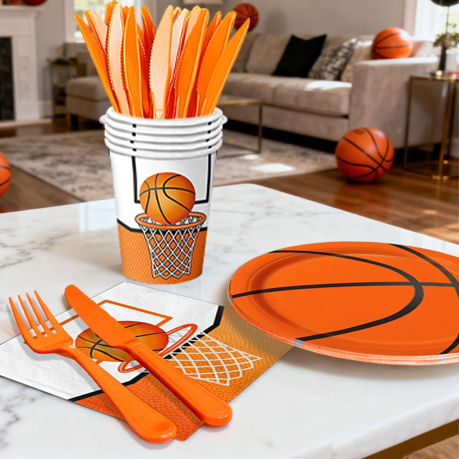 QIYANPAX 147 PCS Basketball Party Decorations - Basketball Party Supplies - Plates, Napkins, Cups, Cutlery, Banner, Tablecloths for Birthday Party Decorations, Serves 24
