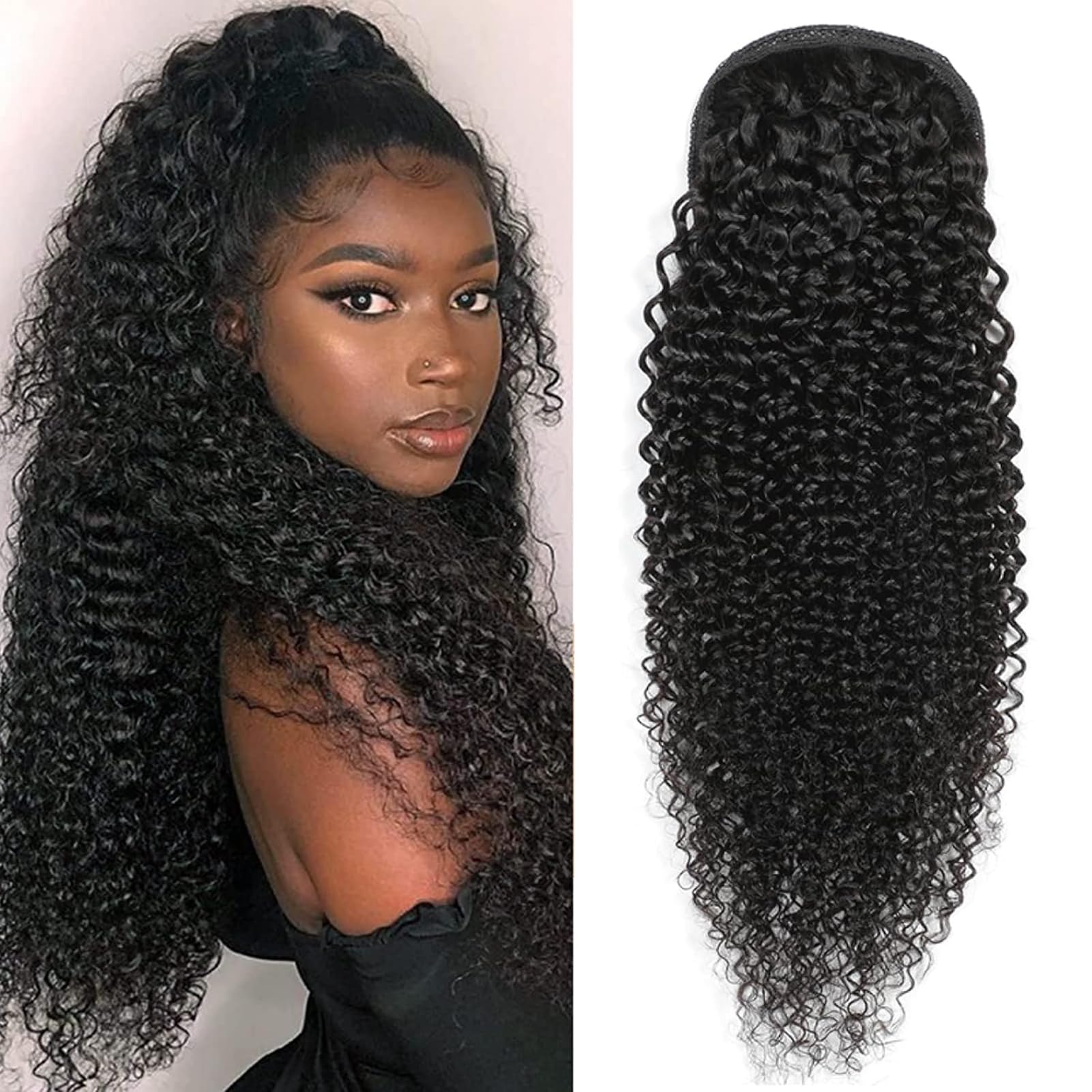 Yacurcur Kinky Curly Ponytail Human Hair Drawstring Ponytail 10A Brazilian Virgin 4C Human Hair for Women Natural Black 22 Inch