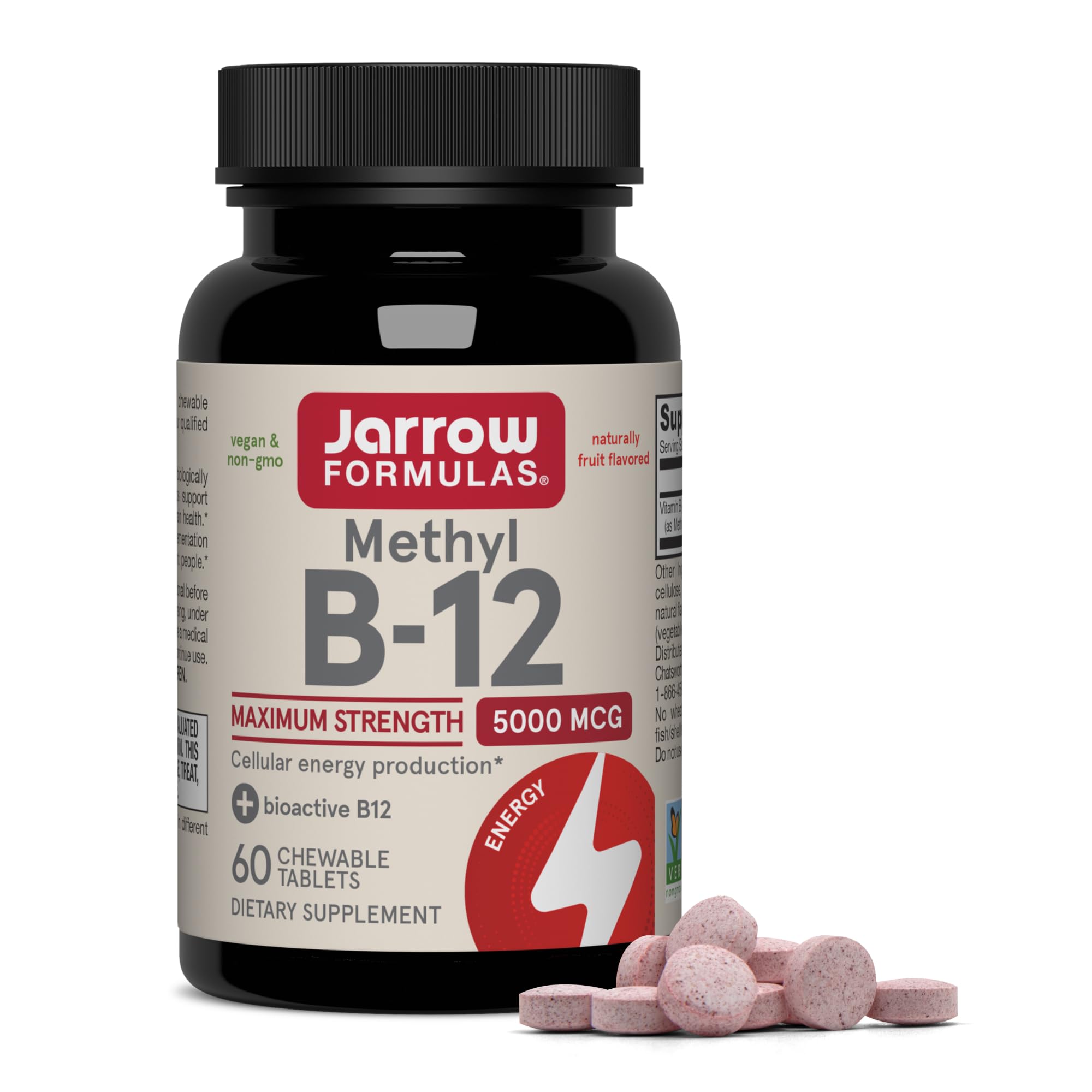 Jarrow Methyl Vitamin B-12 5000 mcg, Cellular Energy, 60 Chewable Tablets 60 Count (Pack of 1)