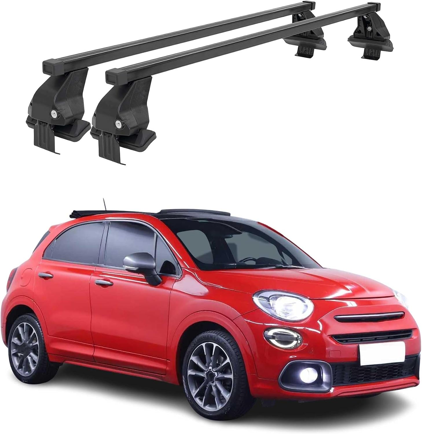 OMAC Roof Rack Cross Bars for Fiat 500X 2016-2023 Lockable 110Lbs Steel Black 2Pcs fits Cargo Carriers Kayak Canoe Bike Snowboard