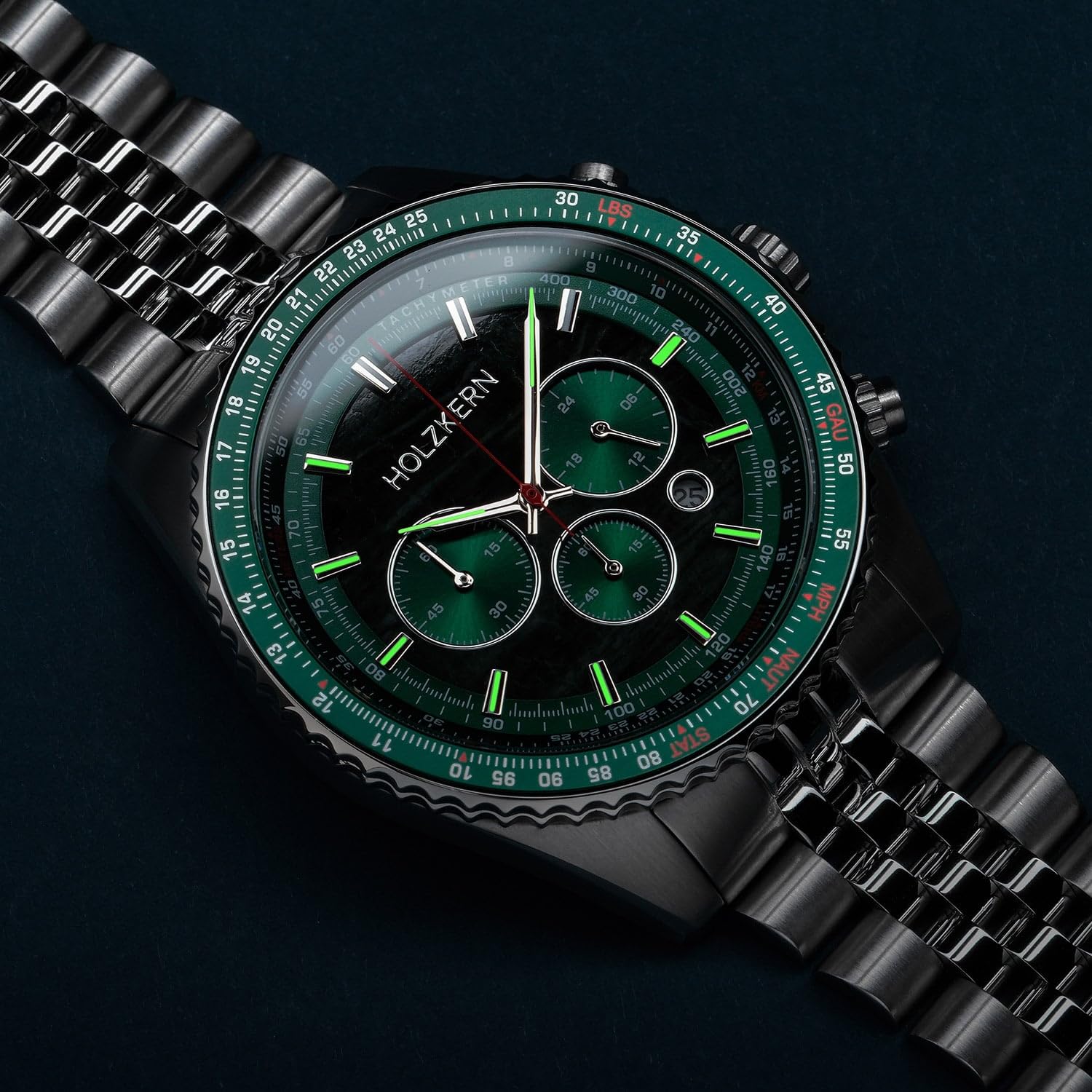 HOLZKERN Herrenuhr Chronograph Openhorizon Marmor Grün/Silberfarben