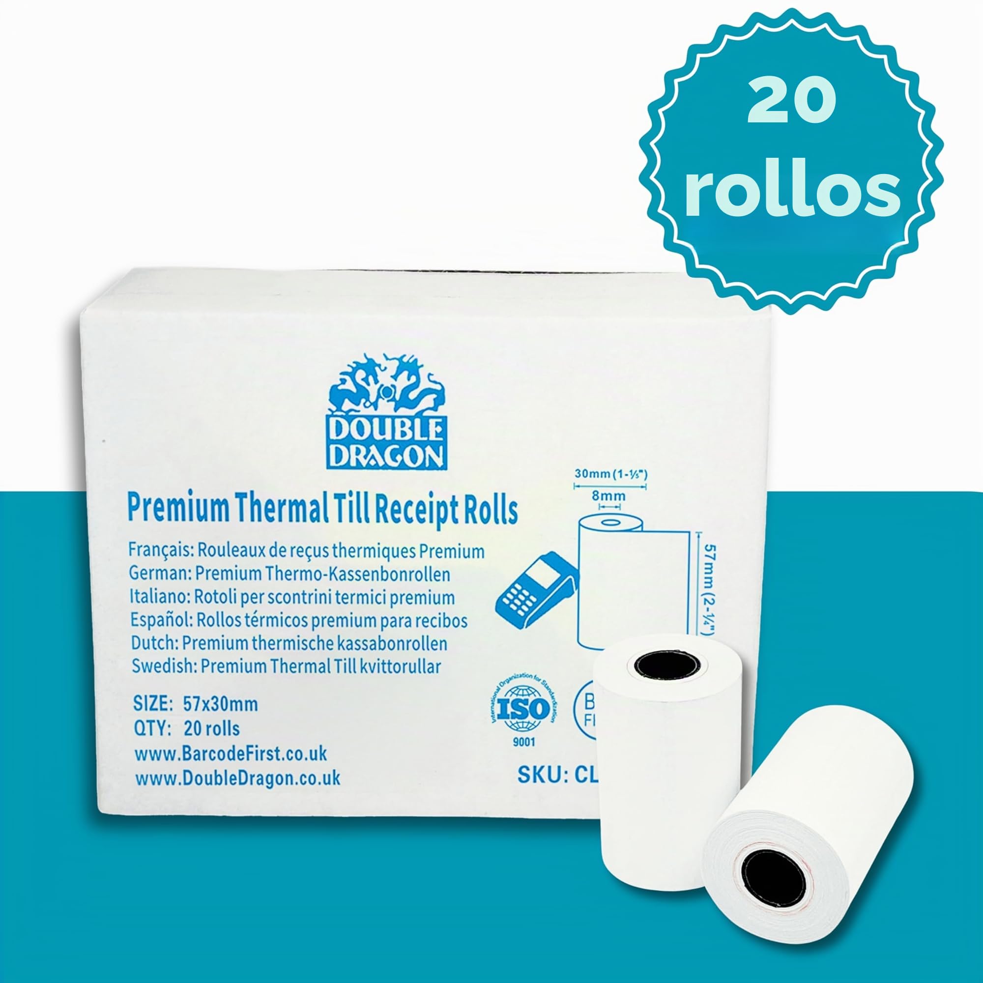 Rollos de Papel Térmico Double Dragon 57 x 30 mm para Recibos PDQ | Libre de BPA | Compatible con Impresoras SumUp, Ingenico, PayZone, Verifone, Clover, Terminales Zettle – 20 Rollos