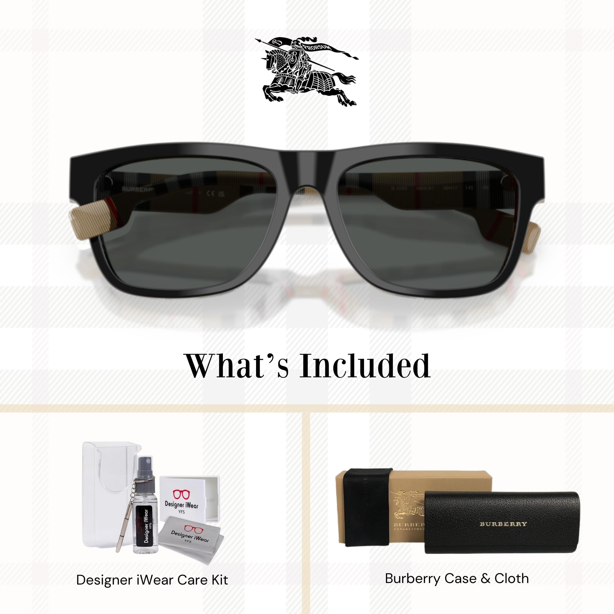BURBERRY BE4293 380687 56M Top Black On Vintage Check/Grey Square Sunglasses For men For women+ BUNDLE With Designer iWear Eyewear Kit
