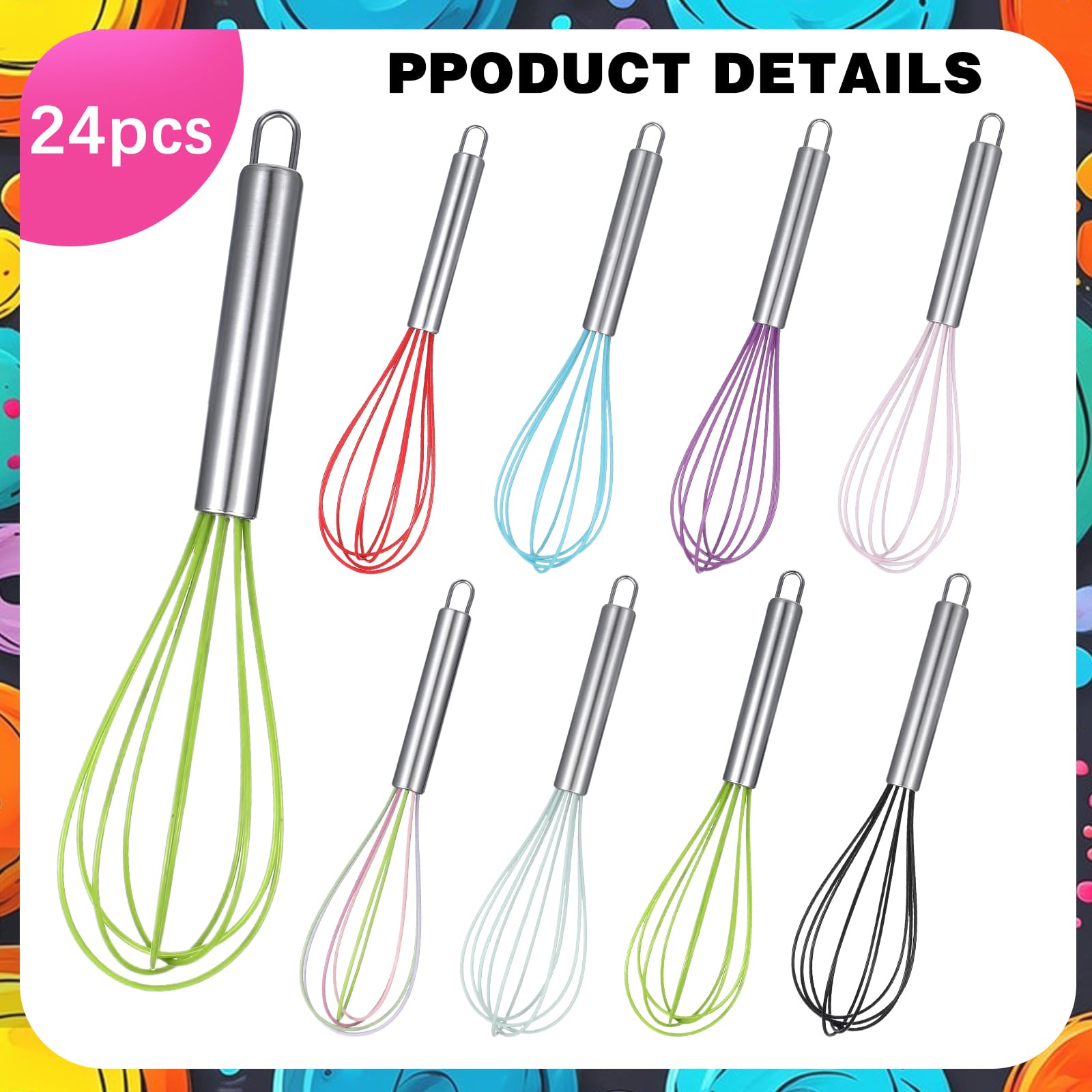 24 Stück 25,4 cm Schneebesen Bulk zum Kochen Silikon Schneebesen Kratzfest Edelstahl Handbesen Groß Beschichtetes Metall Hitzebeständige Eierschlägel zum Kochen Party Gastgeschenk Zubehör