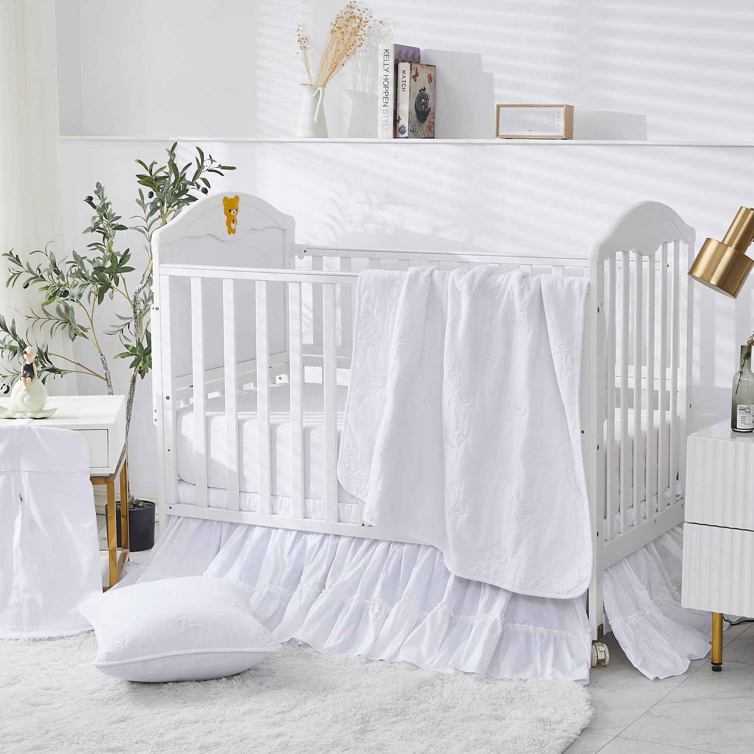 Brandream Set di biancheria da letto per culla, 3 pezzi, tinta unita, bianco, chic, unisex, con ricamo a farfalla