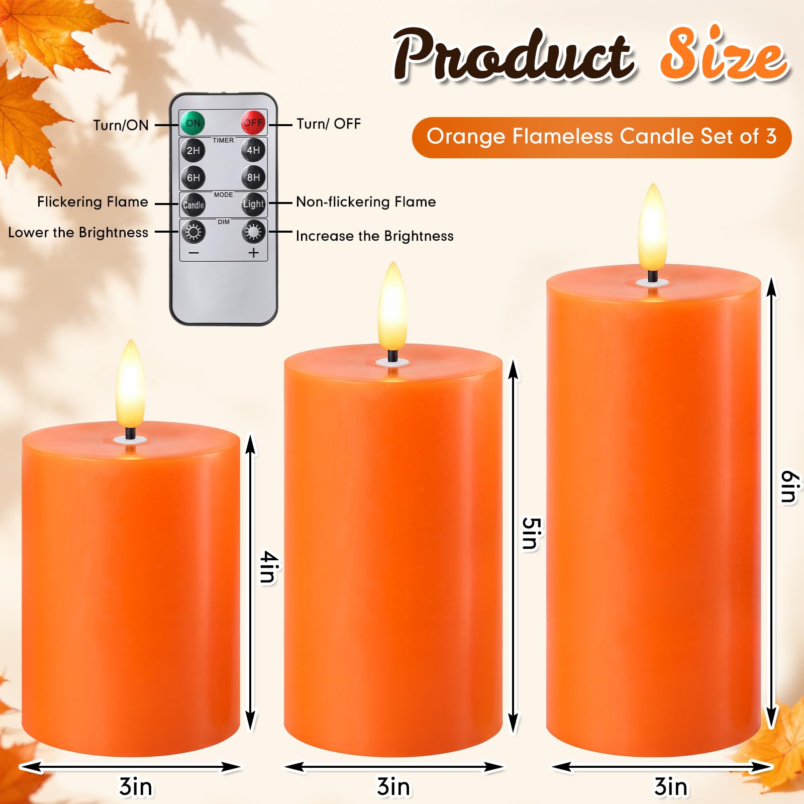 Retisee Set di 3 candele senza fiamma arancioni a LED in vera cera, con telecomando e timer, funzionamento a batteria, candele finte per il giorno del Ringraziamento, decorazione per la casa autunnale