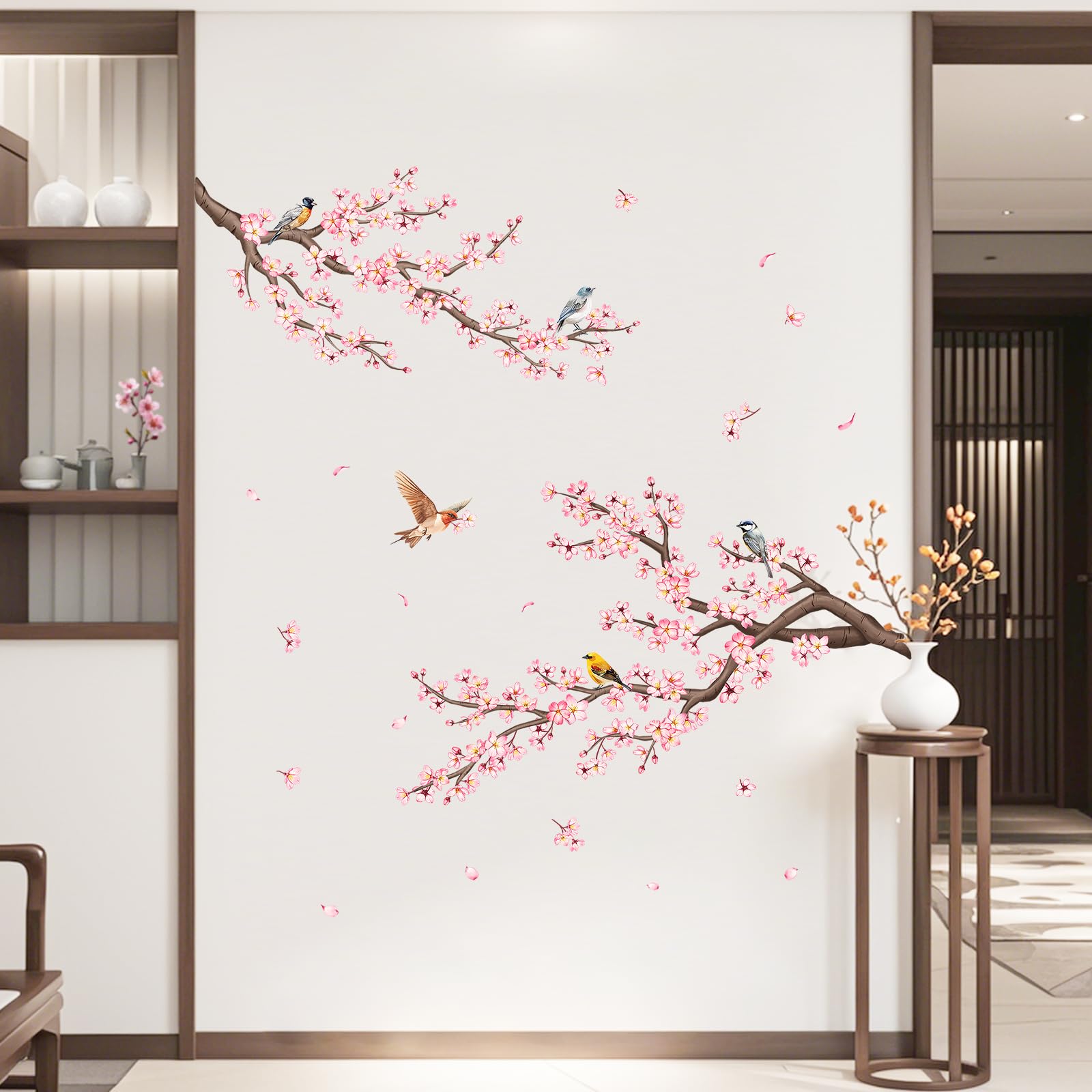 Adesivi Murali Fiori Di Ciliegio E Uccelli - Decorazione Parete Camera Da Letto, Soggiorno (150x143 Cm) - Foto 11