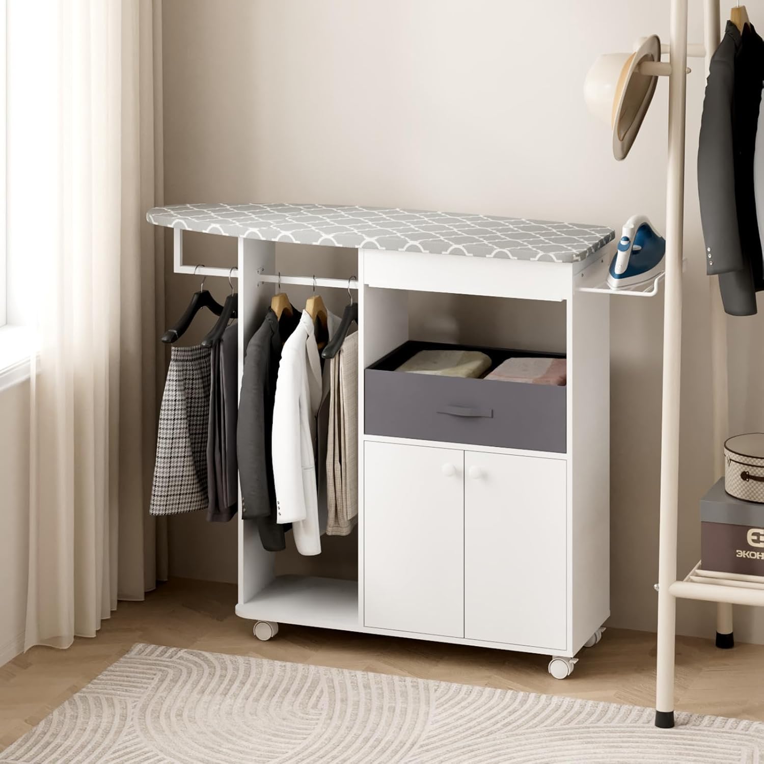 Rolling Ironing Board with Storage Cabinet, Wooden Ironing Board Cabinet with Drawer, Compact Space-Saving Ironing Table with Iron Rest Rack for Laundry Room, Living Room (One Size, Curvilinear)