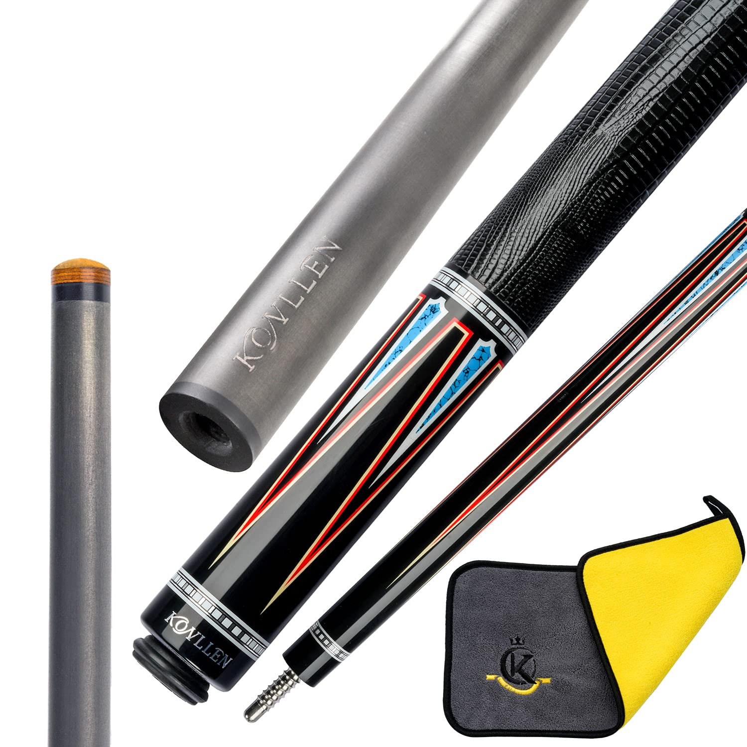 KONLLEN Carbon Fiber Pool Cue Stick Technology Low Deflection Billiard Cue with Towel(12.6-12.8mm Carbon Fiber Shaft, 4 Pieces of Carbon Tubes Inside Butt, Leather Handle, 3/88 Radial Pin Joint)…