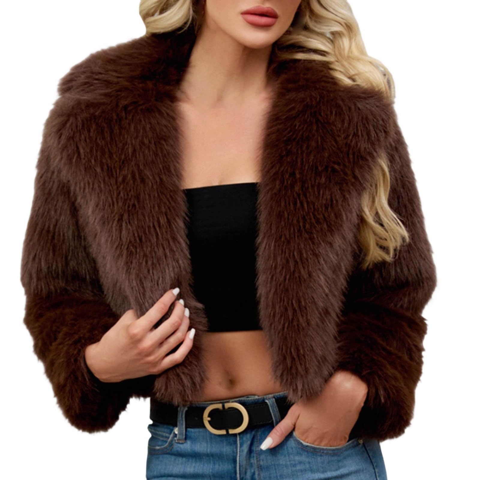 Generisch Cappotto in pelliccia sintetica da donna, morbido cappotto invernale con colletto a risvolto, elegante giacca termica in pelliccia sintetica, comodo cappotto di peluche per le mezze stagioni