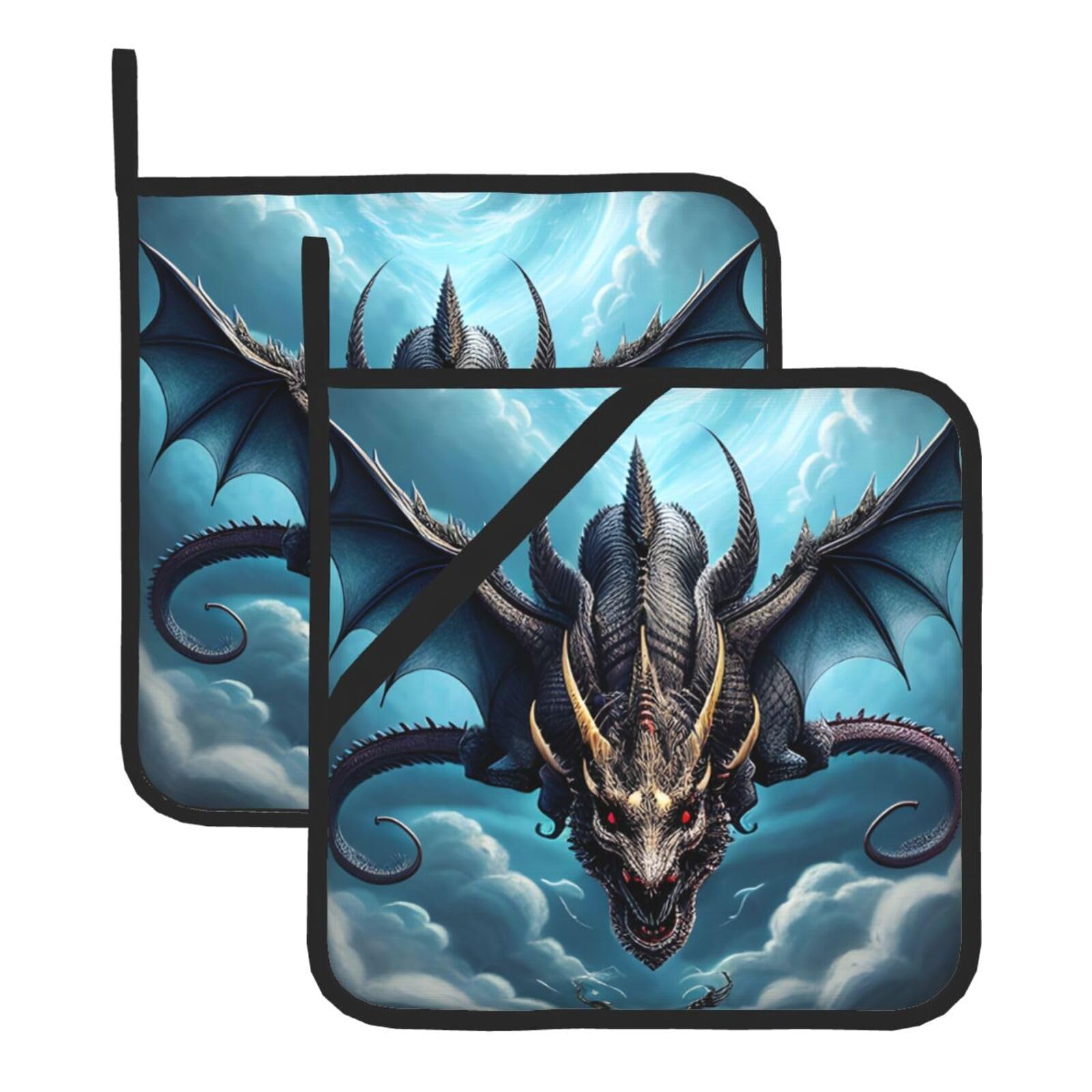WHJDPP Flying Dragon Prints Square Hot Pads for Kitchen Counter - Waterproof Pot Holders Set of 2, Heat Resistant Trivets with Pocket & Hanging Loop for Serving, Oven & BBQ