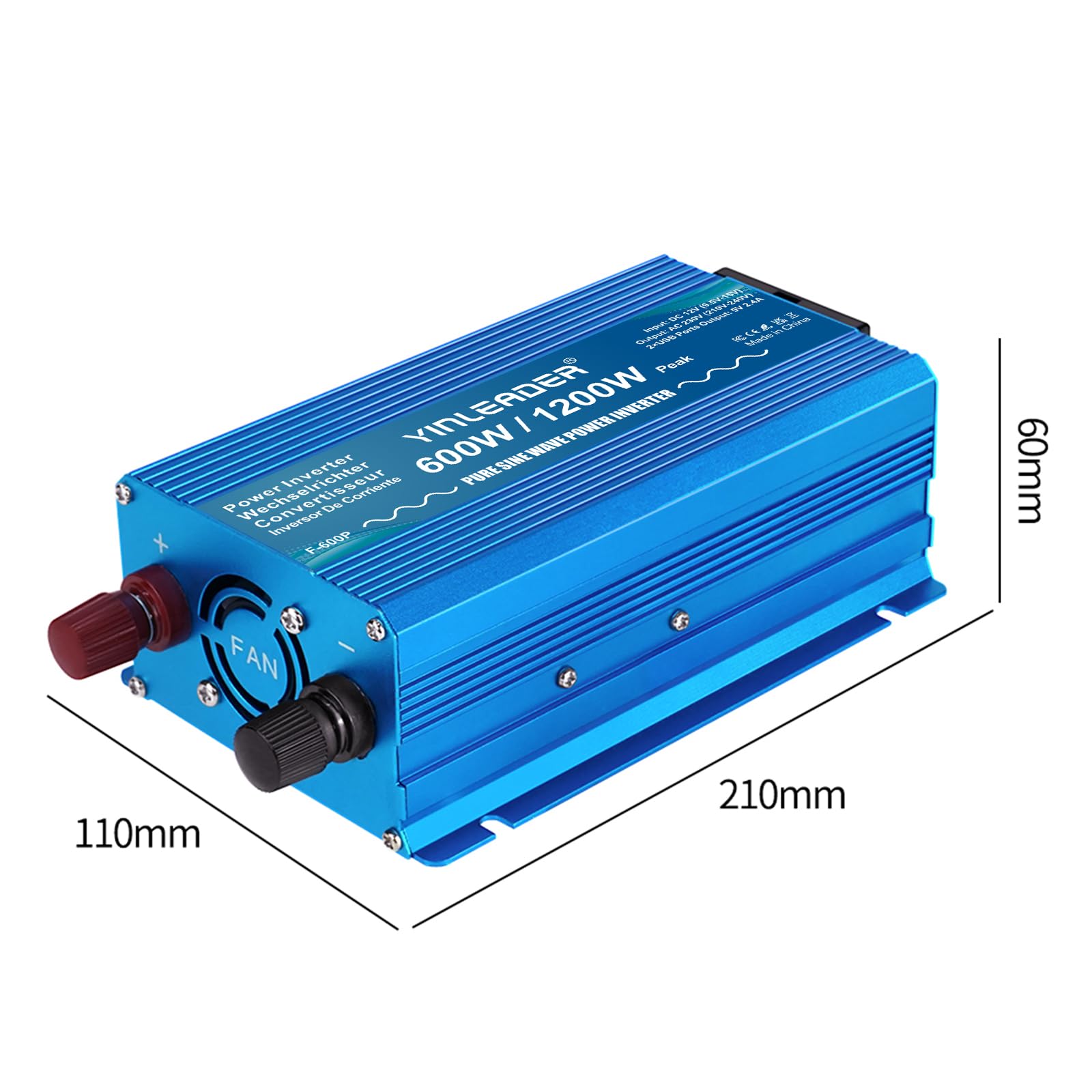 Yinleader 600W /1200W 12V auf 230V Reiner Sinus Wechselrichter KFZ Spannungswandler mit 1 EU-Steckdose & 2 USB, Inverter für Laptop, Kühlbox, Camping & PKW