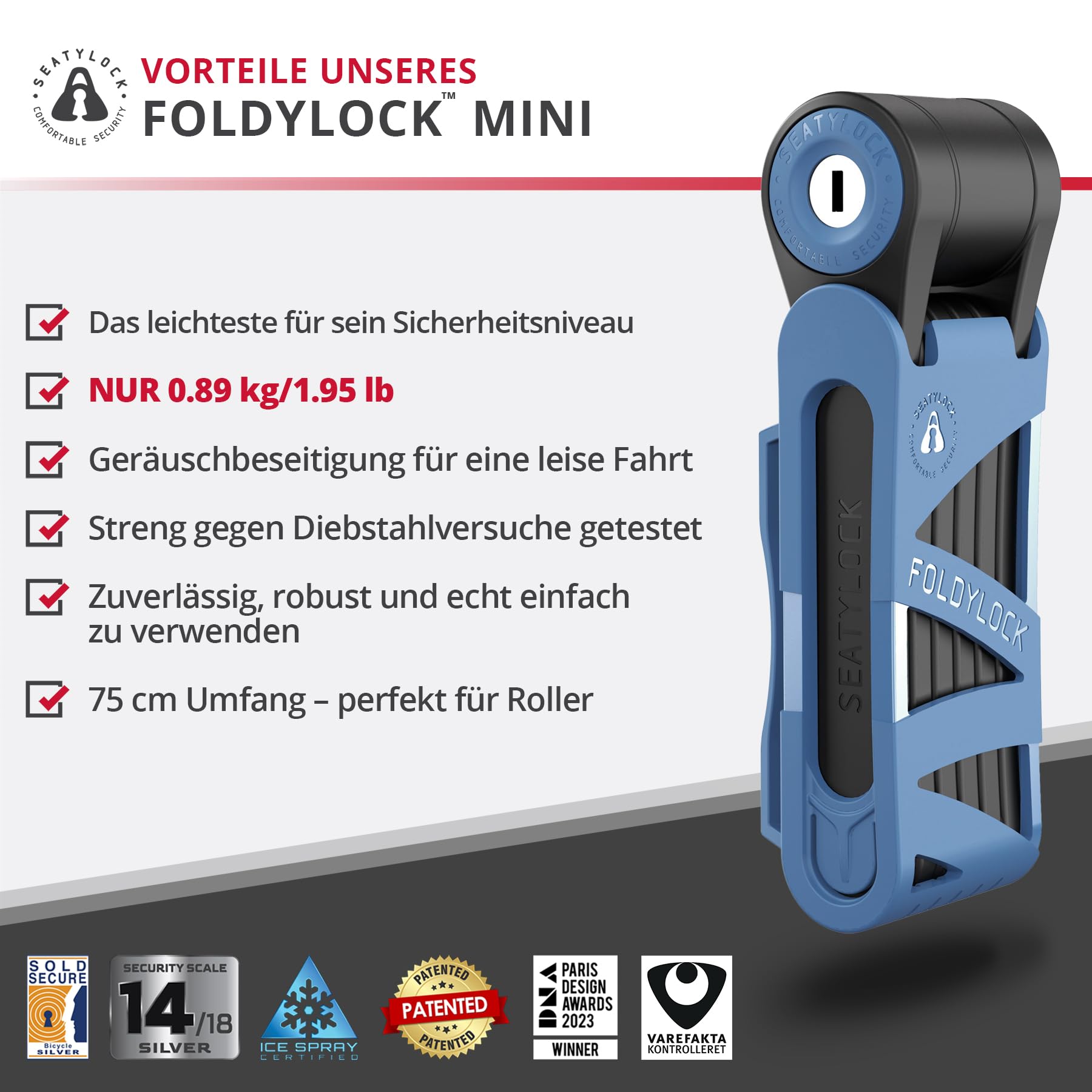 FoldyLock Mini Faltschloss mit Schlüssel - Patentiertes Testsieger Fahrradschloss mit Halterung für hohe Sicherheit - Starkes und Leichtes Fahrrad Schloss für City Bikes und e Scooter - 75 cm