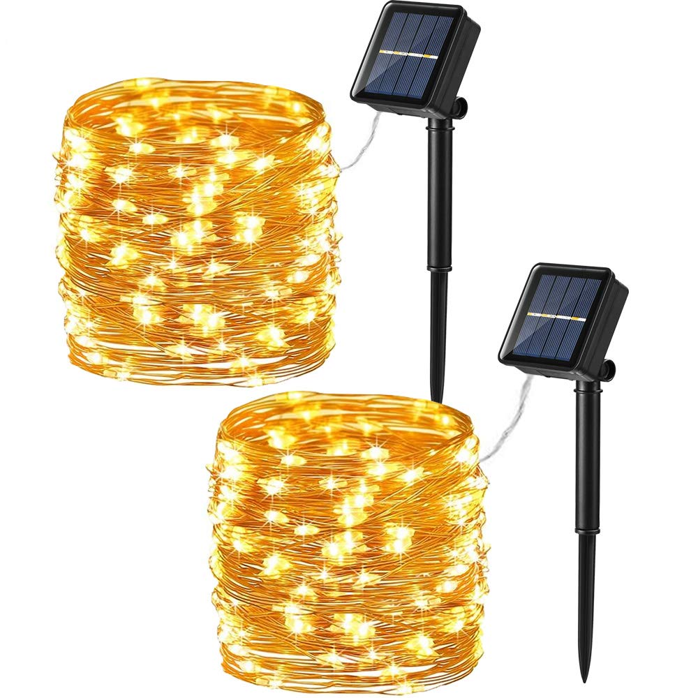 Brizled Guirnalda de luces solares para exteriores, paquete de 2 unidades de 200 luces LED solares de 66 pies, 8 modos de luz solar parpadeante, cadena de luces exteriores impermeable para jardín