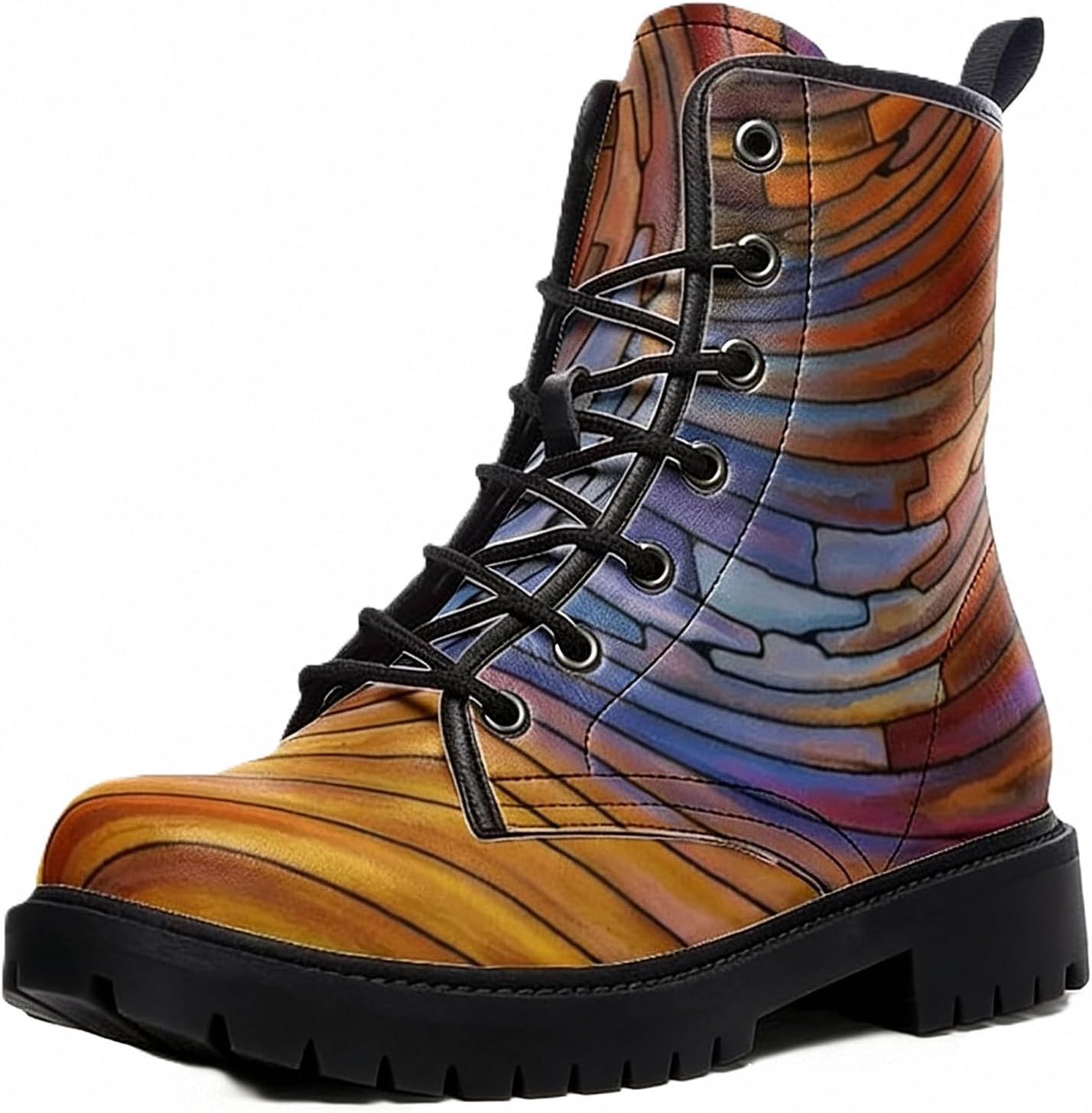 Women’s Printed Ankle Boots with Lattice Vegan Patterns Squares Stripes Circles Leather Lace-up Combat Booties Floral Shoes Stylish Casual Everyday Travel Party Christmas Halloween (Customized)