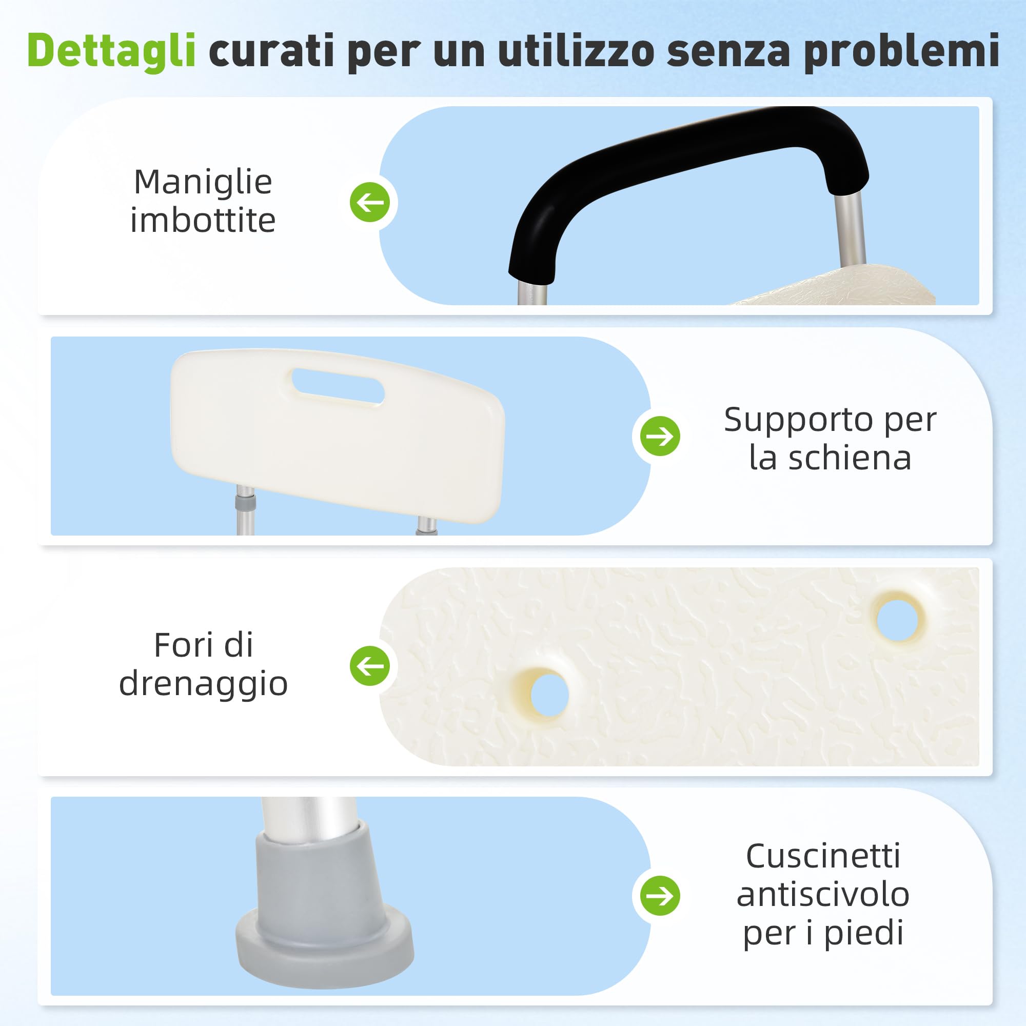 HOMCOM Sedia Doccia con Schienale, Braccioli, Altezza Regolabile, Sgabello Doccia con Piedini Antiscivolo, Montaggio Senza Attrezzi, Sedile per Anziani e Disabili, Interno, Bianco