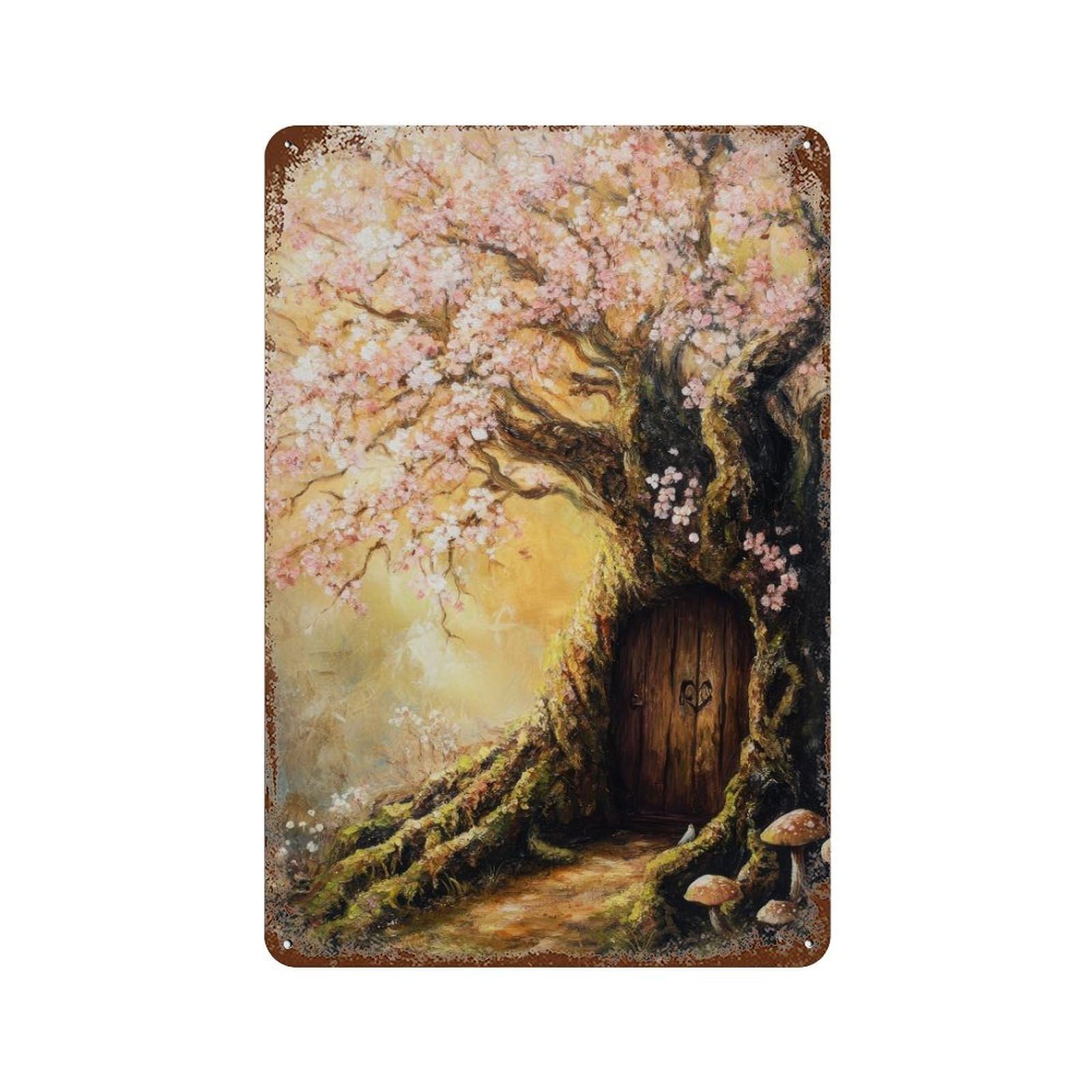 Magical Fairy Door in A Flowering Tree Cottagecore Decor Enchanted Fantasy Illustration Whimsical Wall Decor Art Metal Tin Poster Modern Home Decor Art Home Bar Shop Decorations Vintage Sign 30x20cm
