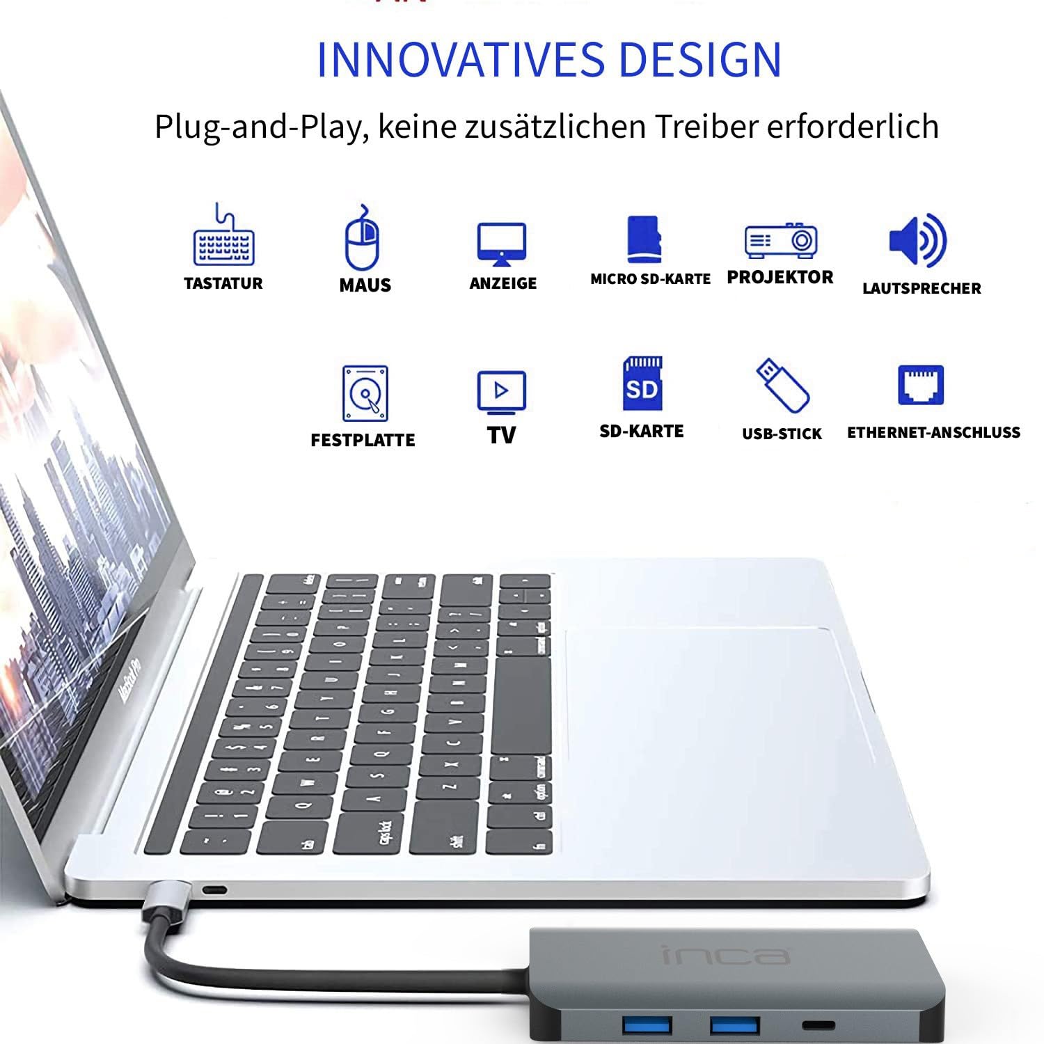 inca Koncentrator USB C 9 w 1 ITPC-10TX, 2 x USB 3.0 + czytnik kart SD/TF + LAN 1000 Mbit/s + dane + audio 3,5 mm + HDMI 4K 60 Hz + PD100 W, stacja dokująca USB C do MacBook, Dell, Chromebooka