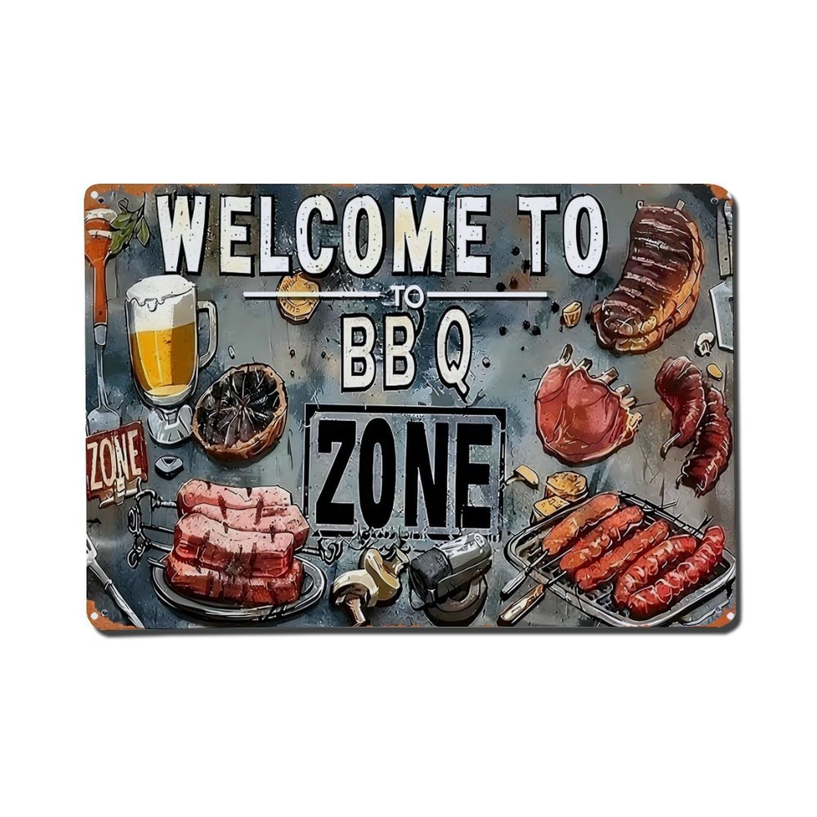 Welcome To Bbq Zone Vintage Tin Sign Retro Metal Wall Decor Metal Poster, Home Bar Garage Farmhouse Cafe Wall Art Decoration 8x12Inches