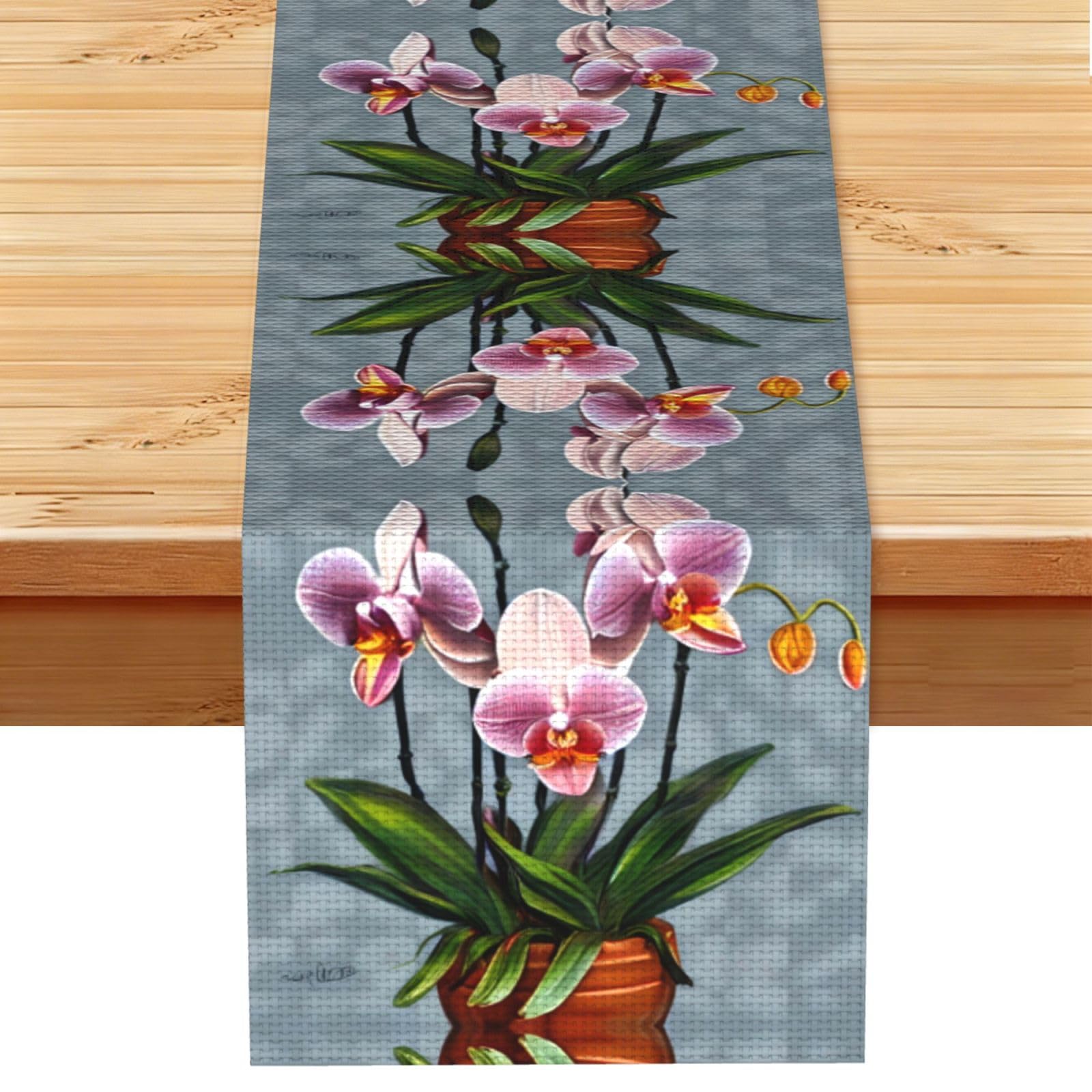 Blooming Orchids Linen Look Table Runner 13x72-Wrinkle Resistant Farmhouse Style for Dining Table Decor