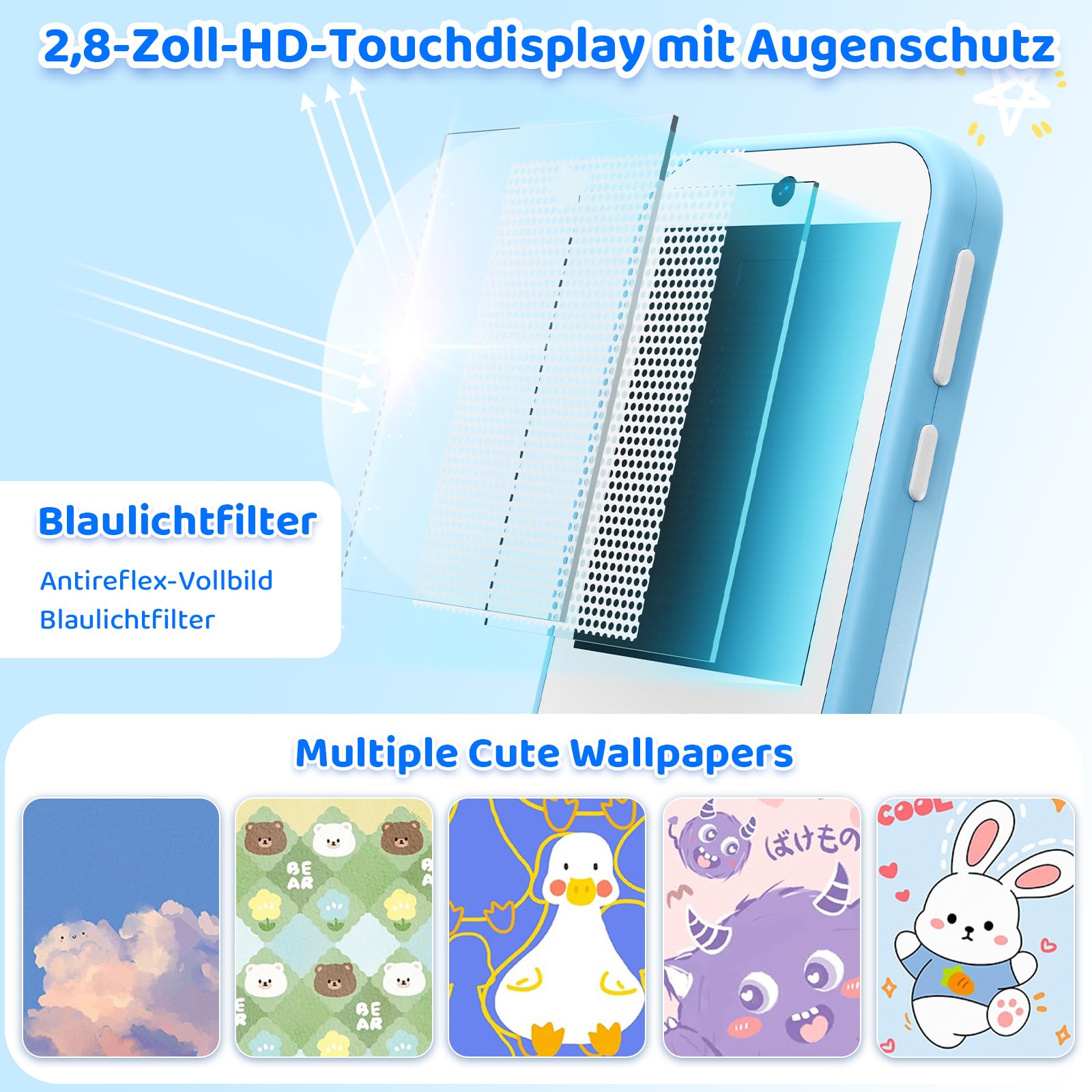 CHAKEYAKE Kinder Handy, 4G Ohne Vertrag Kinder Smartphone Mit Telefonieren, Touchscreen, Dual Kamera, Lernfunktionen, Musikplayer, Geschenk Für Jungen Mädchen 3–9 Jahre Blau
