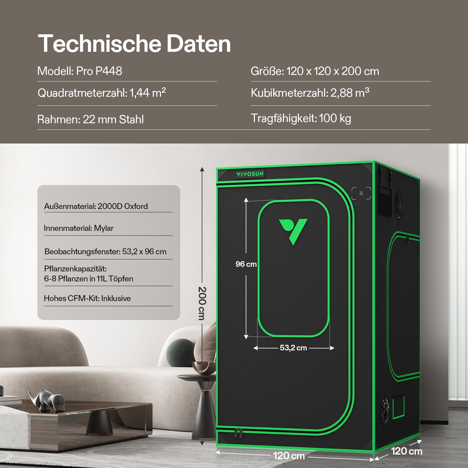 VIVOSUN PRO Growzelt 120x120x200cm Grow Tent mit Dicken 22mm Stangen 2000D Oxford-Gewebe hochreflektierendes Mylar Indoor Hydroponik Zuchtzelt Pflanzenzelt Gewächshaus passend für AeroLight A200SE×2