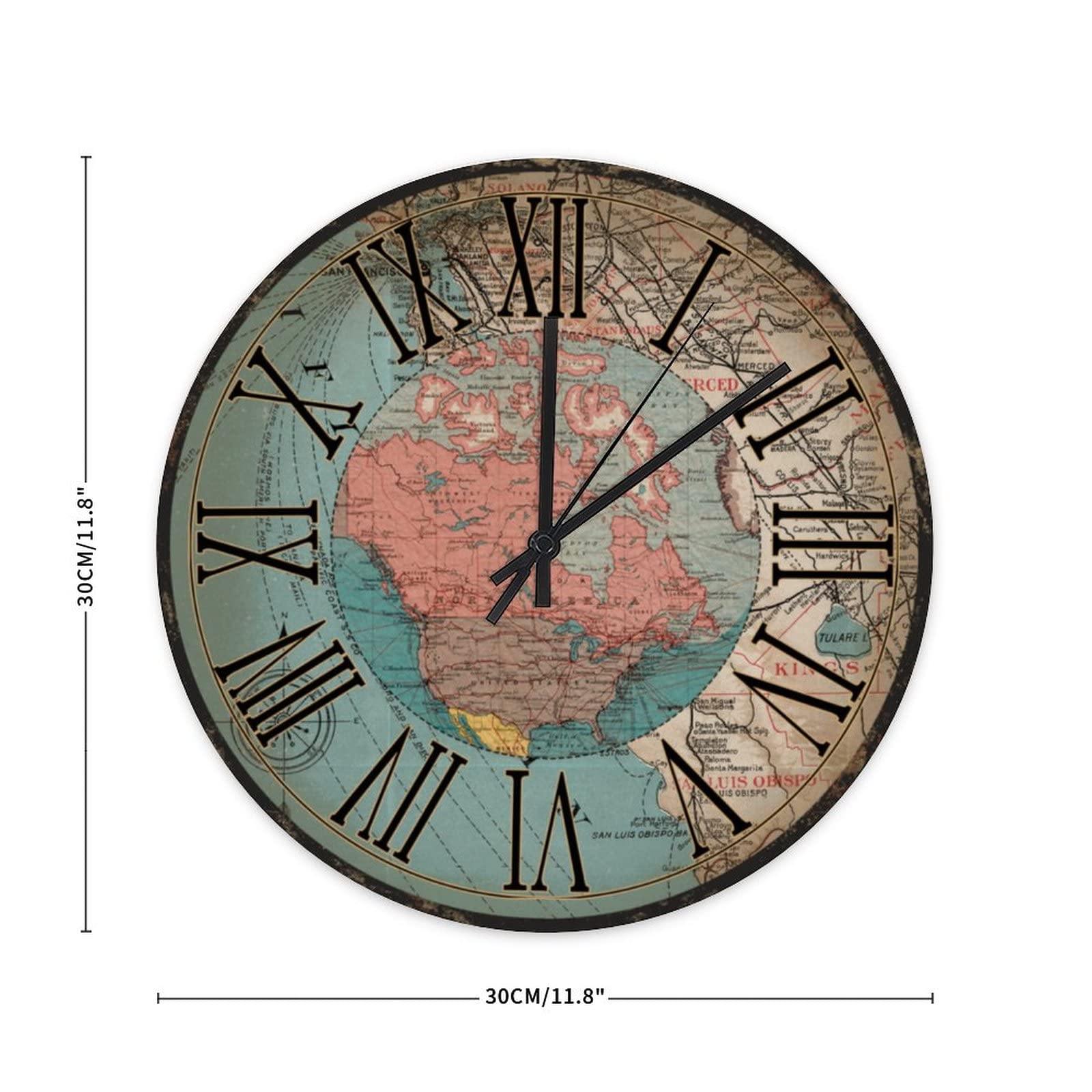 Horloge murale ronde décorative vintage en bois silencieuse, sans tic-tac, fonctionne à piles, carte de l'Amérique du Nord, style rustique chic, décoration d'intérieur pour chambre à coucher, salon