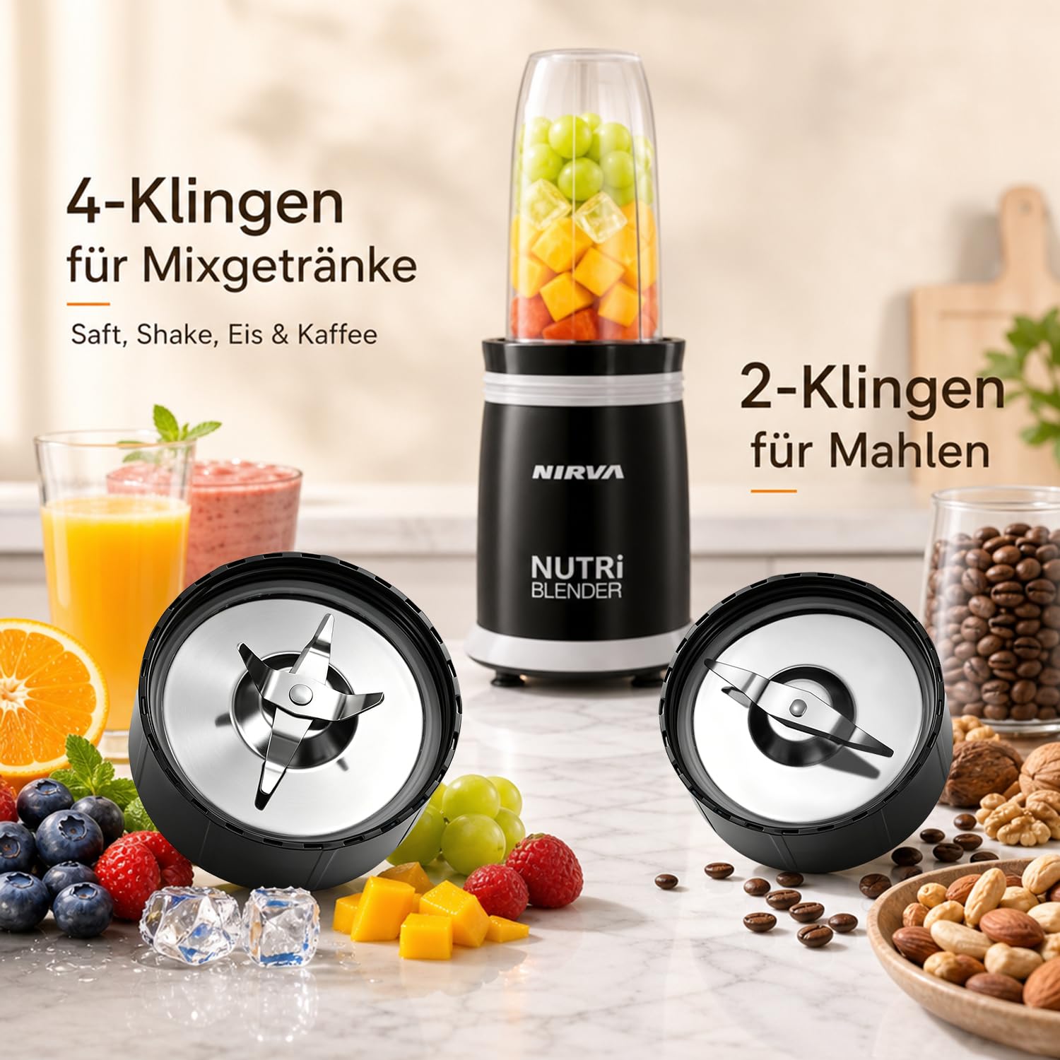 Nirva Smoothie Maker, Standmixer 2 in 1 mit Kaffeemühle, 25000 U/min Elektrischer Mixer für Shakes und Smoothies, 4 Klingen Edelstahlmesser, Personal Blender mit 4 Mixbechern & To-Go Deckel