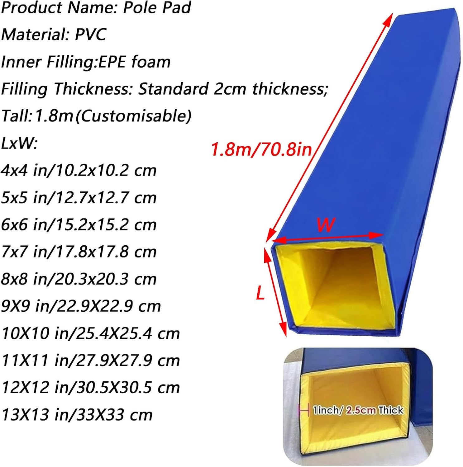 Basketball Pole Pad Outdoor and Indoor, 1.8m Tall Square Columns Cover Padding, Customizable Column Cushion, Wrap Around Courts Post Pads for Playground Basketball Hoop
