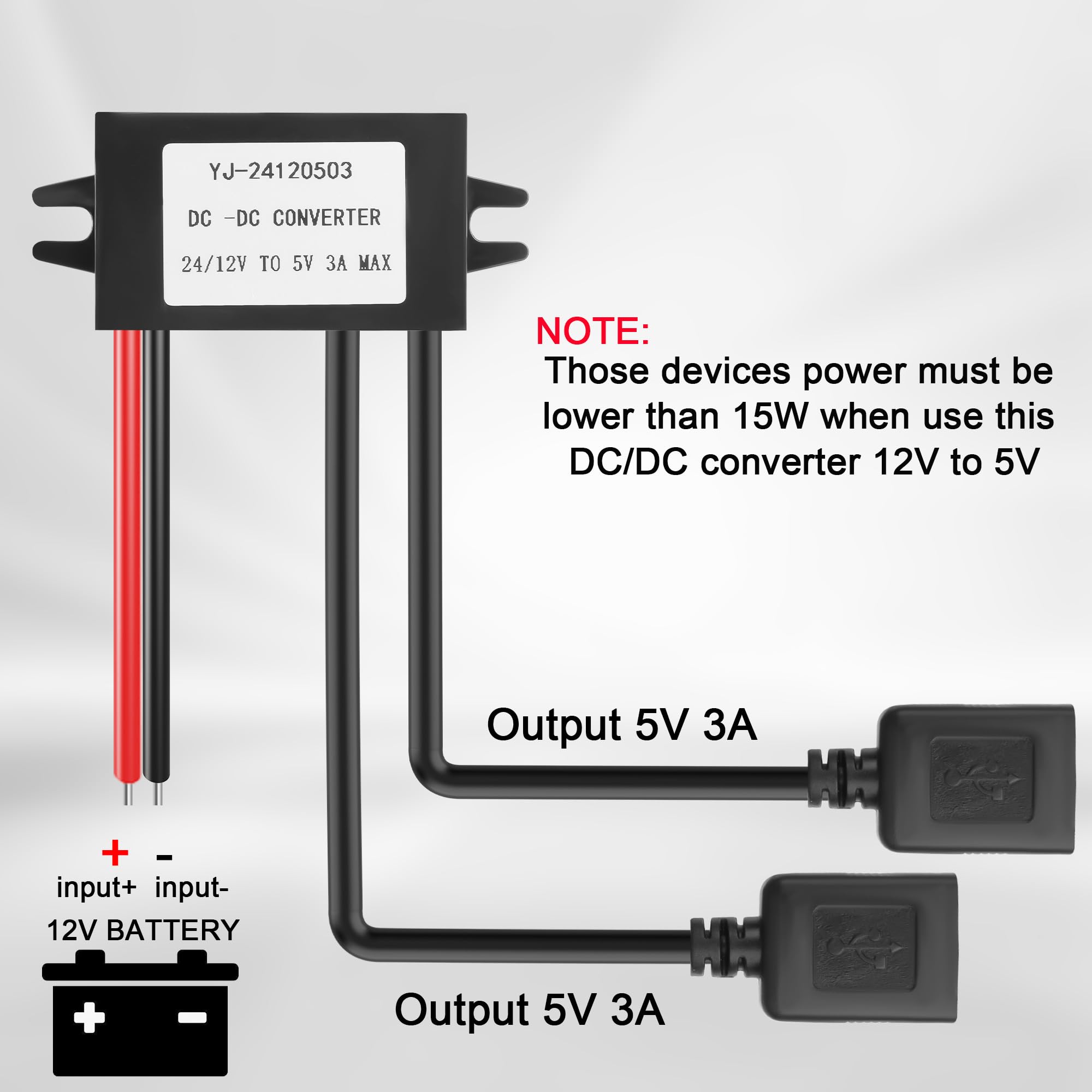 Convertitore di alimentazione femmina USB doppio da 12V 24V CC a 5V 3A 15W Adattatore di alimentazione step down DC-DC,adattatore di alimentazione con modulo buck impermeabile per auto