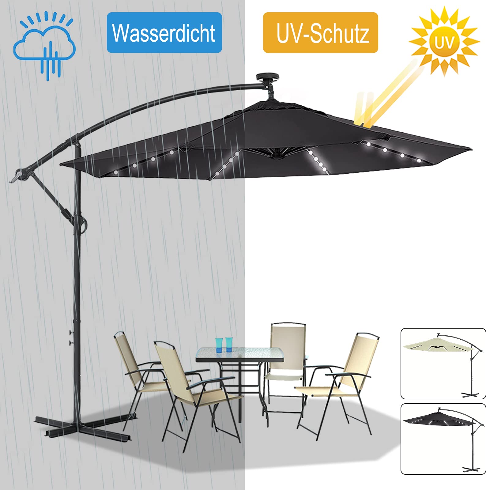 LARS360 Sombrilla Parasol Excéntrico Banana Con Solar LED para Terraza Jardín Balcón Mástil de Aluminio y 100% Poliester Tela, con Base de Cruz, Color Gris Oscuro 300cm Protección UV y Impermeable